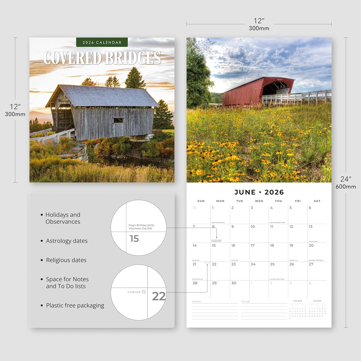 Red Robin 2026 Covered Bridges Monthly Wall Calendar | 12" x 24" Open | Premium Thick & Sturdy Paper | Hangable 12 Month Calendar | Lined Notes & To Do Area | Vivid Images | Plastic Free