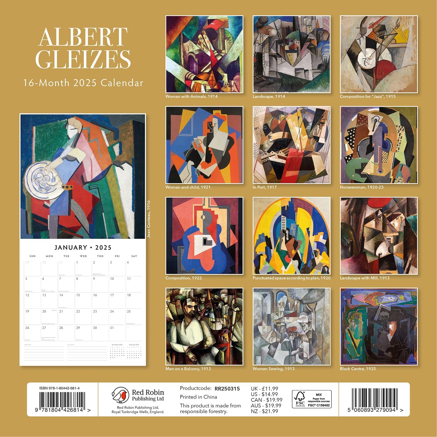 Red Robin 2025 Albert Gleizes Monthly Wall Calendar | 12" x 24" Open | Premium Thick & Sturdy Paper | Hangable 12 Month Calendar | Plastic Free | 4 Month Transition Page for 2024