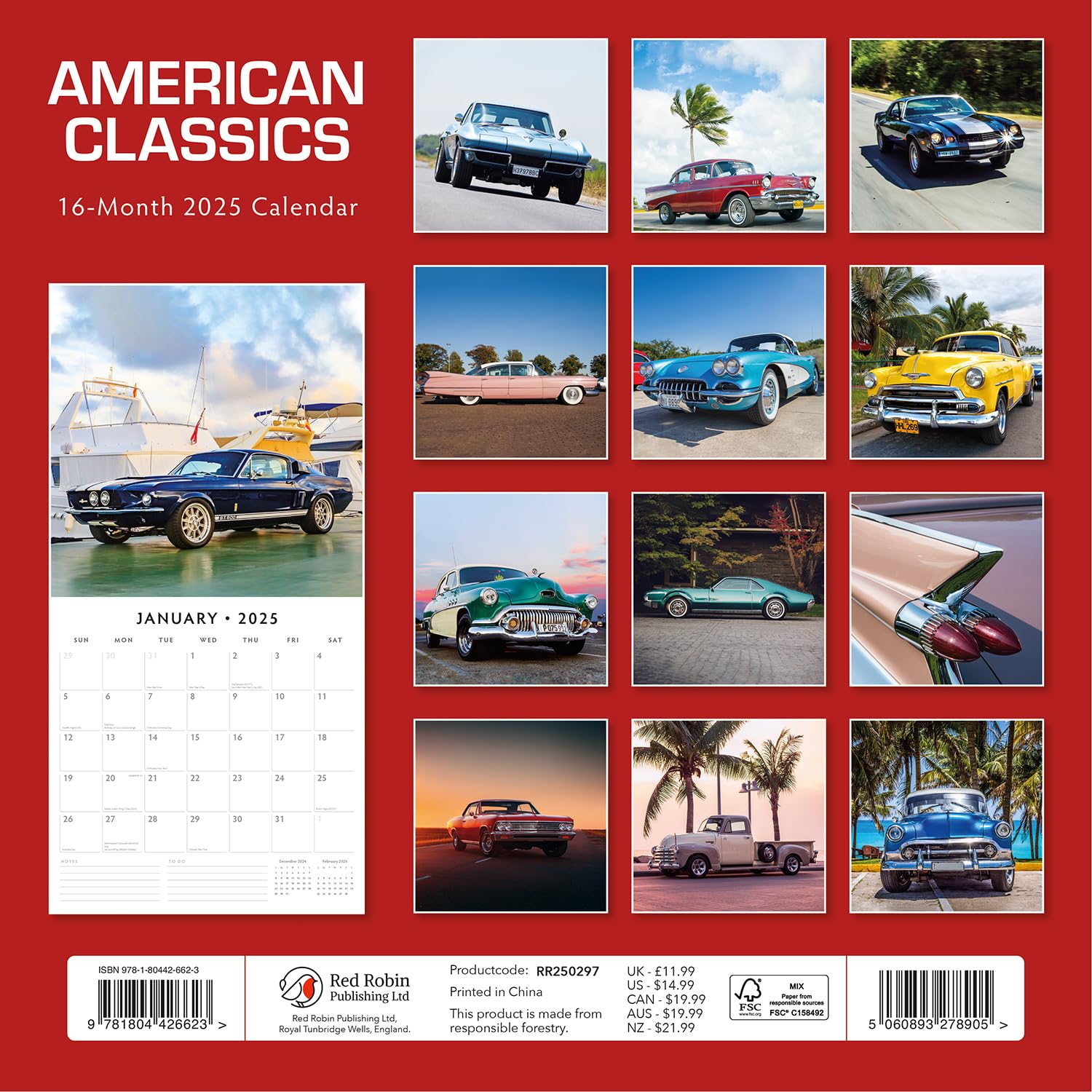 Red Robin 2025 American Classics Monthly Wall Calendar | 12" x 24" Open | Premium Thick & Sturdy Paper | Hangable 12 Month Calendar | Plastic Free | 4 Month Transition Page for 2024