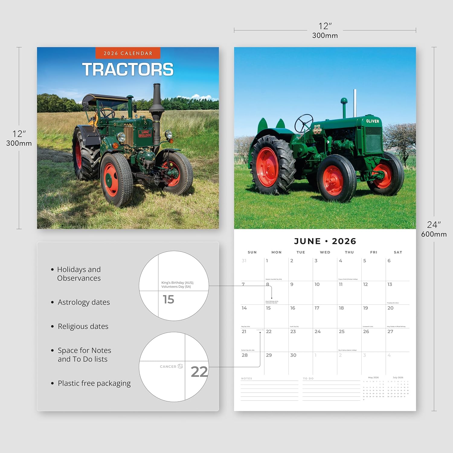 Red Robin 2026 Tractors Monthly Wall Calendar | 12" x 24" Open | Premium Thick & Sturdy Paper | Hangable 12 Month Calendar | Lined Notes & To Do Area | Vivid Images | Plastic Free