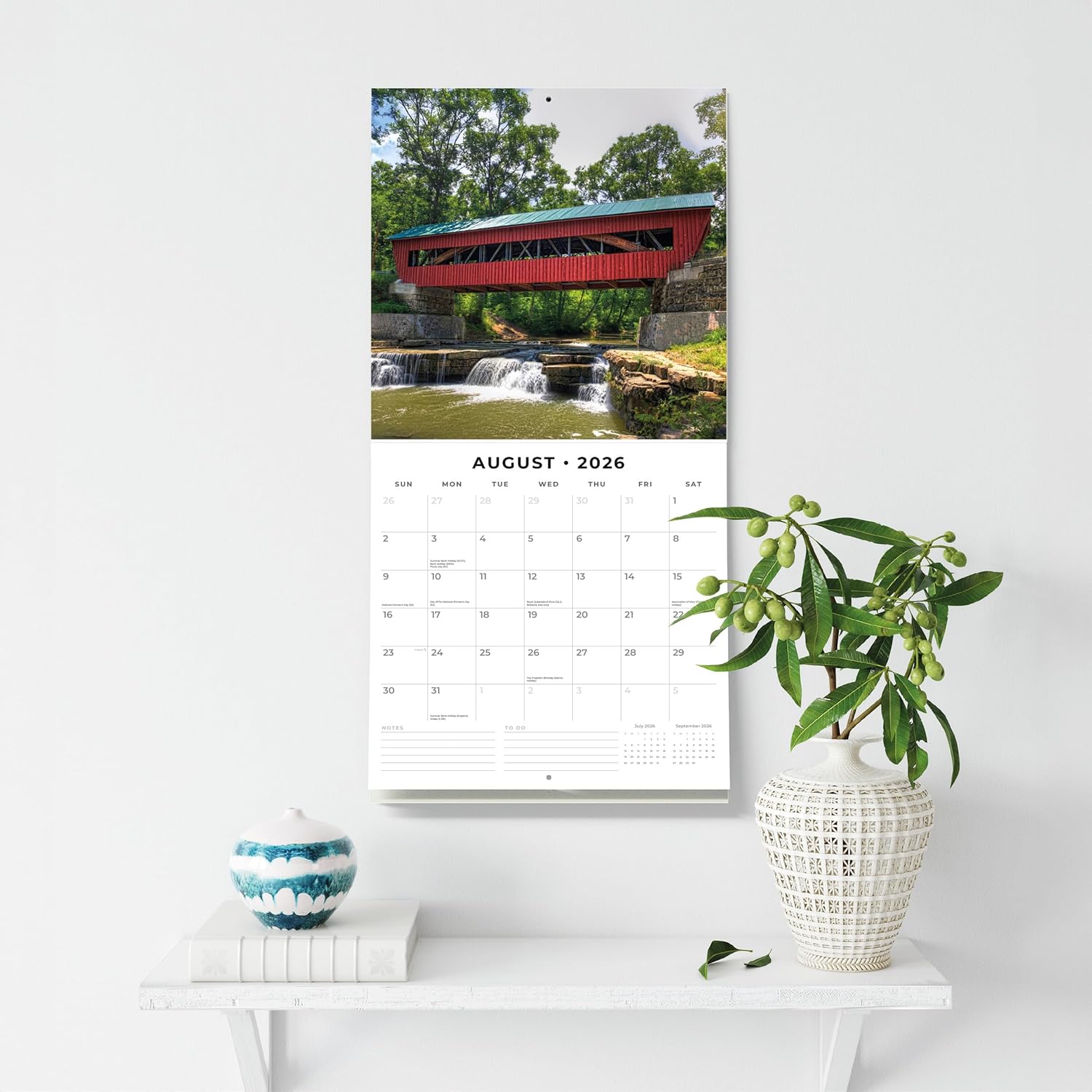 Red Robin 2026 Covered Bridges Monthly Wall Calendar | 12" x 24" Open | Premium Thick & Sturdy Paper | Hangable 12 Month Calendar | Lined Notes & To Do Area | Vivid Images | Plastic Free