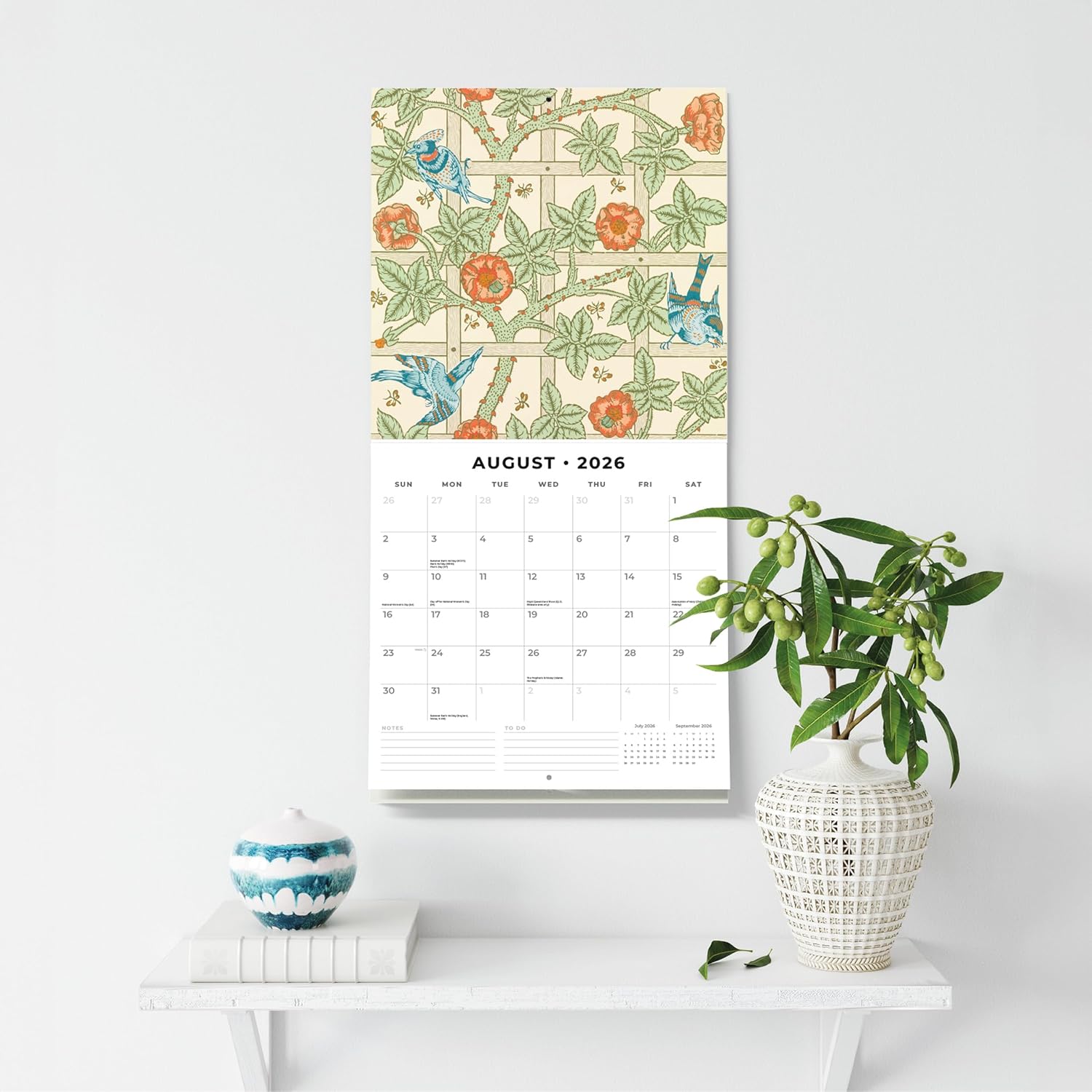 Red Robin 2026 William Morris Monthly Wall Calendar | 12" x 24" Open | Premium Thick & Sturdy Paper | Hangable 12 Month Calendar | Lined Notes & To Do Area | Vivid Images | Plastic Free