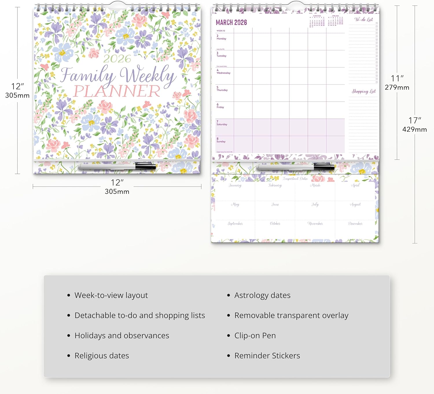 Red Robin 2026 Weekly Family Planner | Includes Pen & Stickers | 12" x 24" Open | Premium Thick & Sturdy Paper | Hangable 12 Month Calendar | Lined Notes & To Do Area | Plastic Free