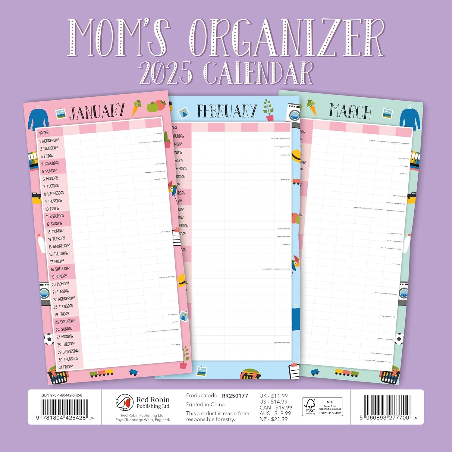 Red Robin 2025 Mom's Organizer Monthly Wall Calendar | 12" x 24" Open | Premium Thick & Sturdy Paper | Hangable 12 Month Calendar | Plastic Free | 4 Month Transition Page for 2024