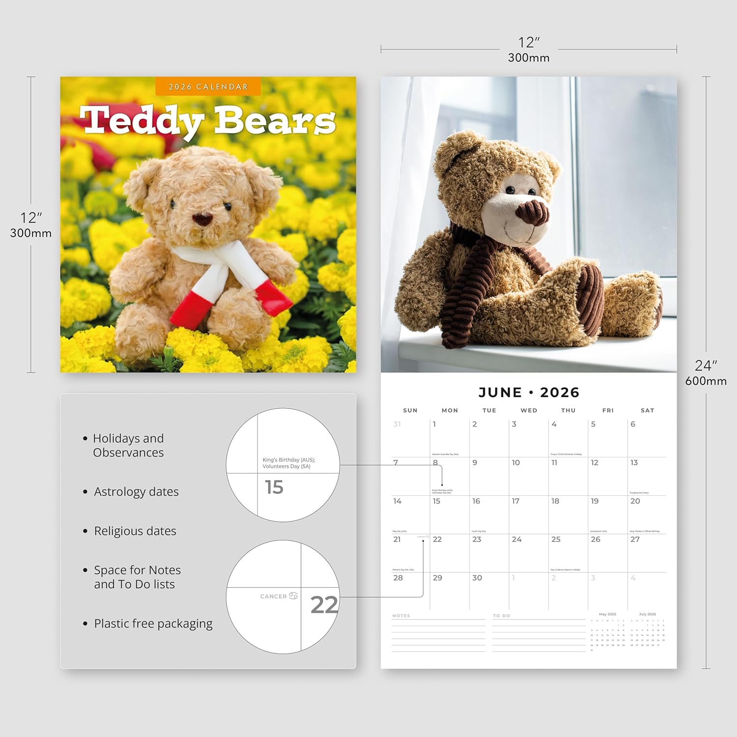 Red Robin 2026 Teddy Bears Monthly Wall Calendar | 12" x 24" Open | Premium Thick & Sturdy Paper | Hangable 12 Month Calendar | Lined Notes & To Do Area | Vivid Images | Plastic Free