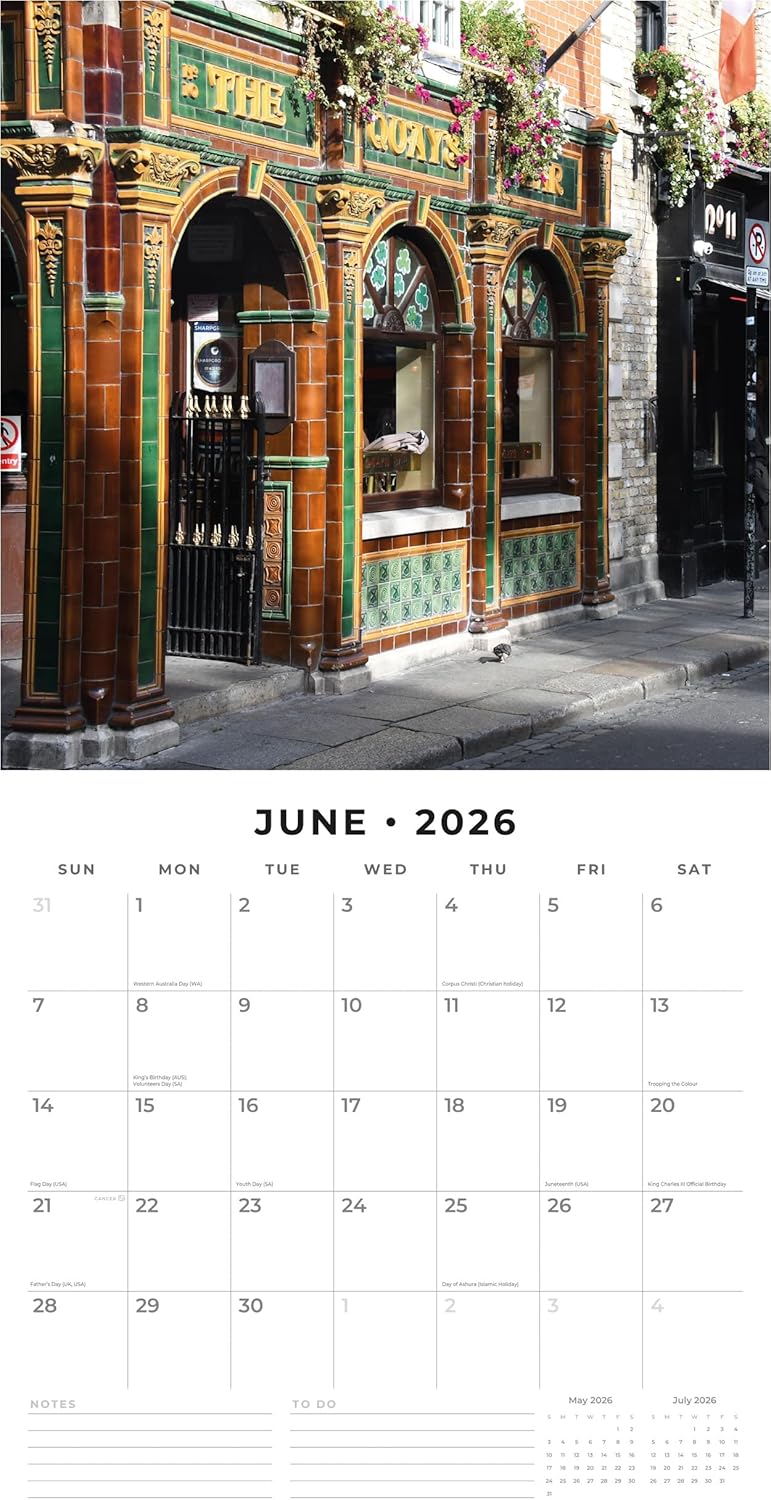 Red Robin 2026 Dublin Pubs Monthly Wall Calendar | 12" x 24" Open | Premium Thick & Sturdy Paper | Hangable 12 Month Calendar | Lined Notes & To Do Area | Vivid Images | Plastic Free