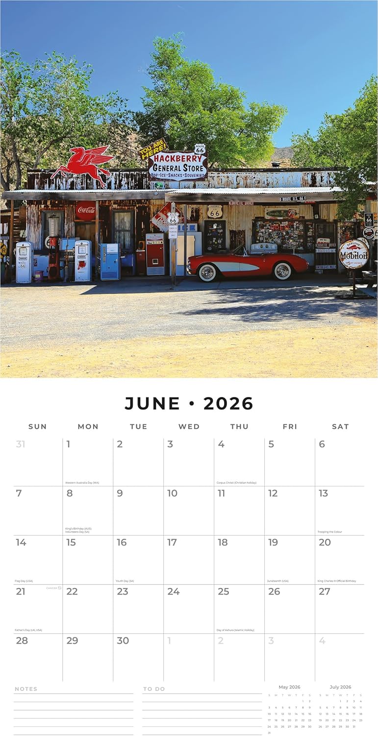 Red Robin 2026 Route 66 Monthly Wall Calendar | 12" x 24" Open | Premium Thick & Sturdy Paper | Hangable 12 Month Calendar | Lined Notes & To Do Area | Vivid Images | Plastic Free