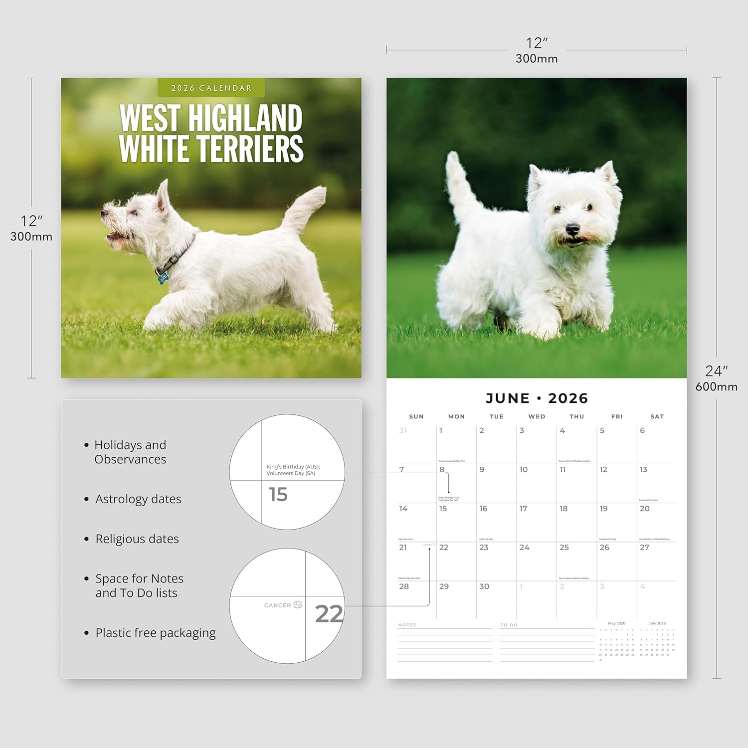 Red Robin 2026 West Highland White Terriers Monthly Wall Calendar | 12" x 24" Open | Premium Thick & Sturdy Paper | Hangable 12 Month Calendar | Lined Notes & To Do Area | Vivid Images | Plastic Free