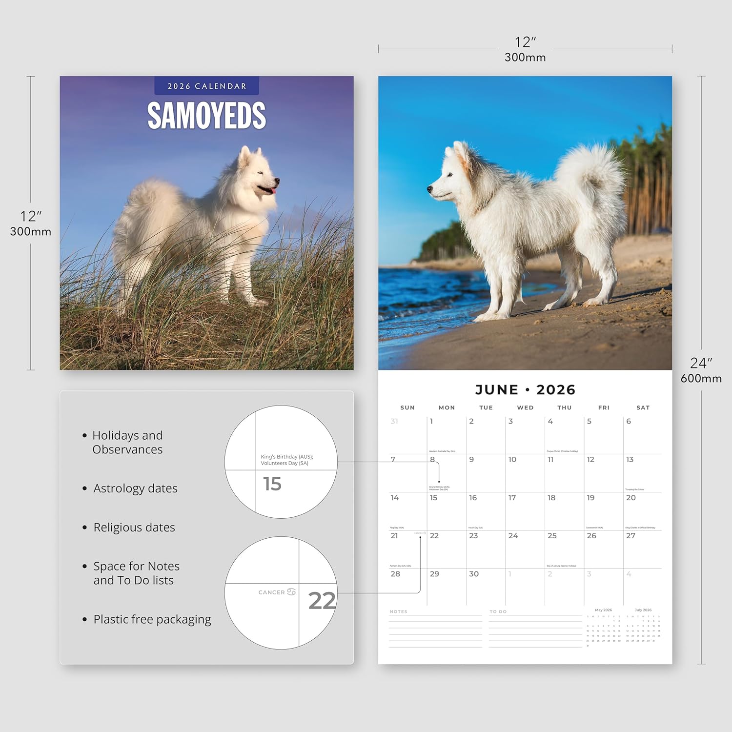 Red Robin 2026 Samoyeds Monthly Wall Calendar | 12" x 24" Open | Premium Thick & Sturdy Paper | Hangable 12 Month Calendar | Lined Notes & To Do Area | Vivid Images | Plastic Free