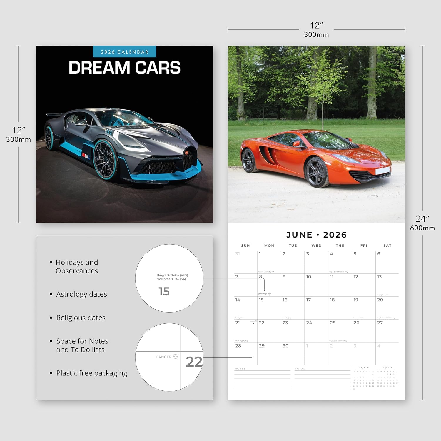 Red Robin 2026 Dream Cars Monthly Wall Calendar | 12" x 24" Open | Premium Thick & Sturdy Paper | Hangable 12 Month Calendar | Lined Notes & To Do Area | Vivid Images | Plastic Free