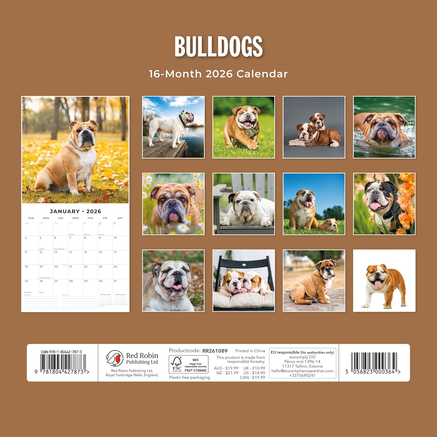 Red Robin 2026 Bulldogs Monthly Wall Calendar | 12" x 24" Open | Premium Thick & Sturdy Paper | Hangable 12 Month Calendar | Lined Notes & To Do Area | Vivid Images | Plastic Free