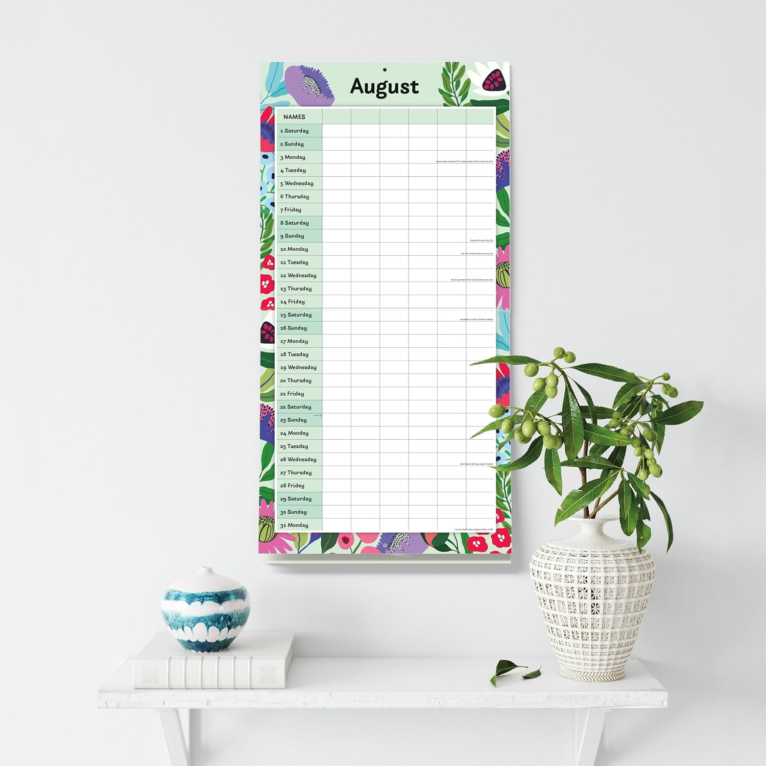 Red Robin 2026 Floral Family Organiser Monthly Wall Calendar | 12" x 24" Open | Premium Thick & Sturdy Paper | Hangable 12 Month Calendar | Lined Notes & To Do Area | Vivid Images | Plastic Free
