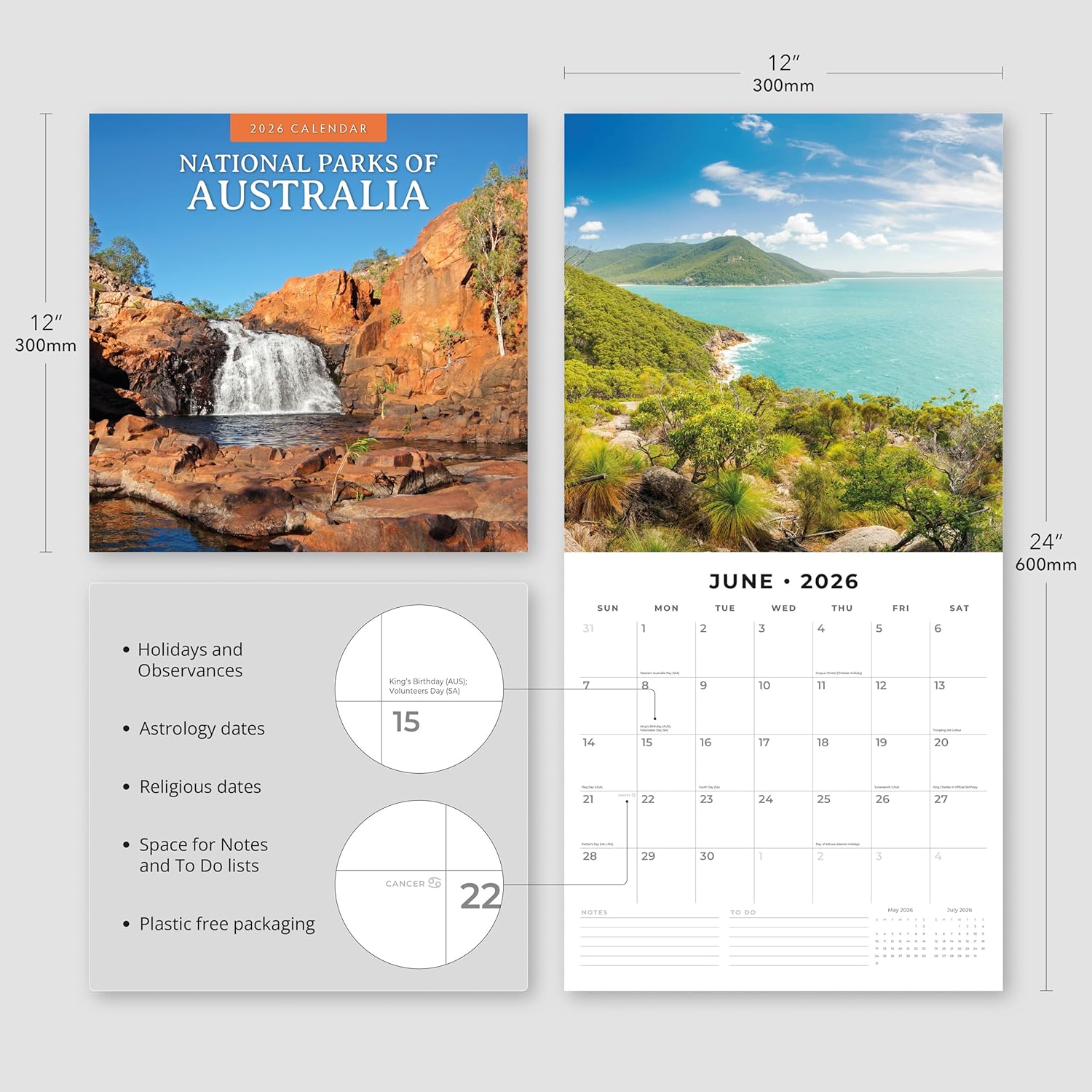 Red Robin 2026 National Parks of Australia Monthly Wall Calendar | 12" x 24" Open | Premium Thick & Sturdy Paper | Hangable 12 Month Calendar | Lined Notes & To Do Area | Vivid Images | Plastic Free