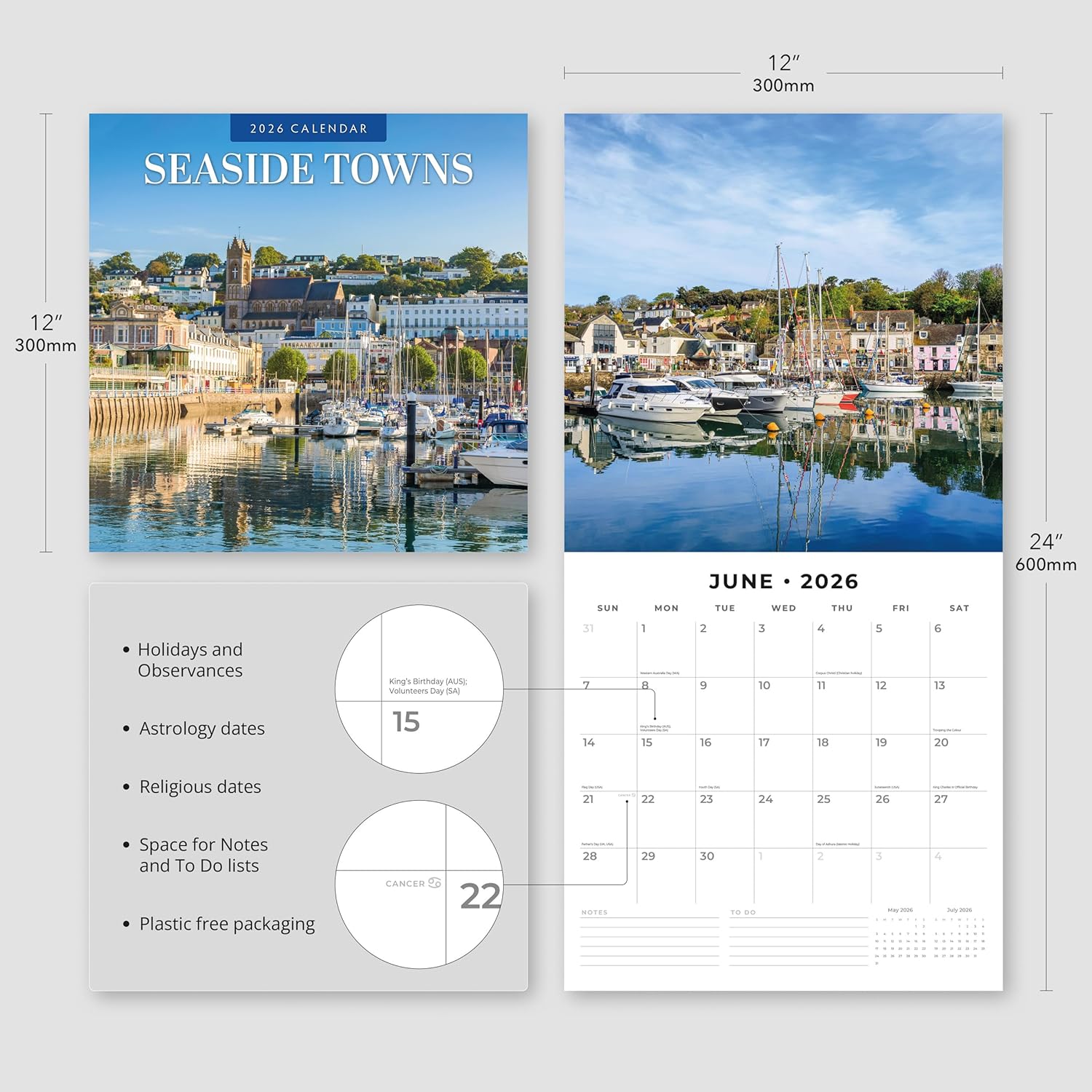 Red Robin 2026 Seaside Towns Monthly Wall Calendar | 12" x 24" Open | Premium Thick & Sturdy Paper | Hangable 12 Month Calendar | Lined Notes & To Do Area | Vivid Images | Plastic Free
