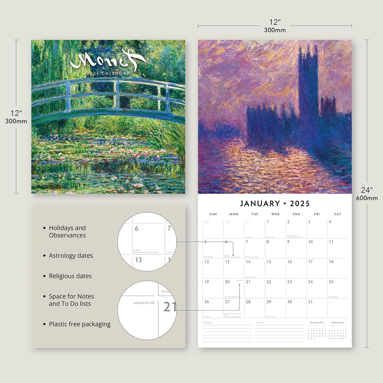 Red Robin 2025 Monet Monthly Wall Calendar | 12" x 24" Open | Premium Thick & Sturdy Paper | Hangable 12 Month Calendar | Plastic Free | 4 Month Transition Page for 2024