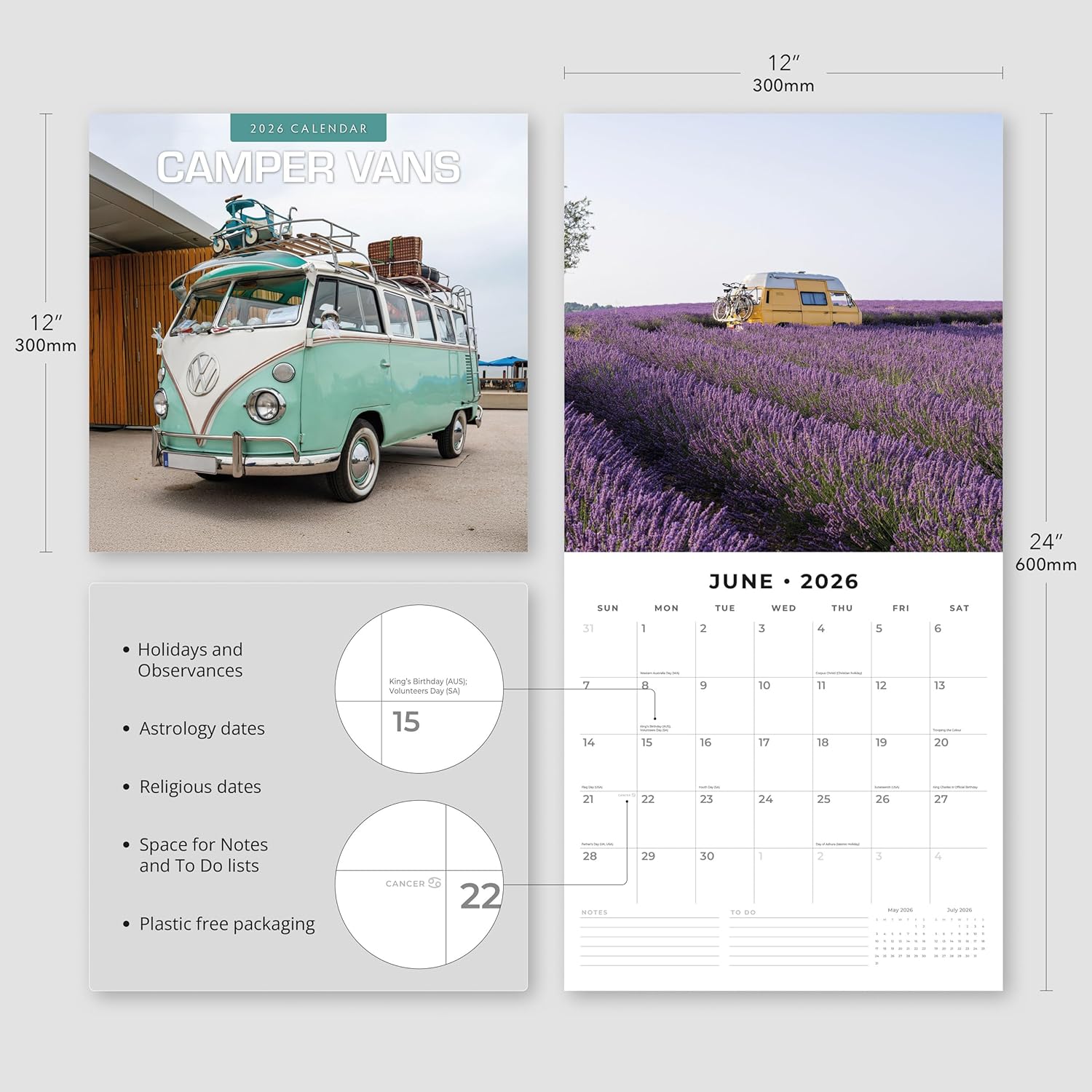 Red Robin 2026 Camper Vans Monthly Wall Calendar | 12" x 24" Open | Premium Thick & Sturdy Paper | Hangable 12 Month Calendar | Lined Notes & To Do Area | Vivid Images | Plastic Free