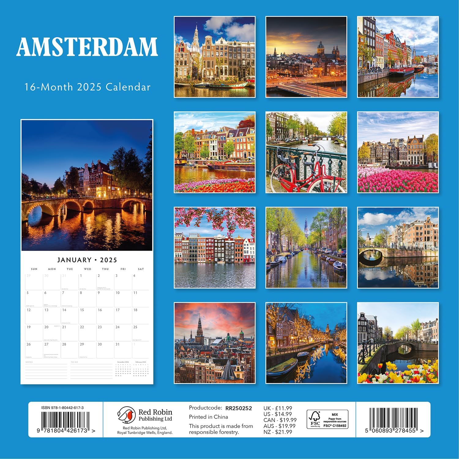 Red Robin 2025 Amsterdam Monthly Wall Calendar | 12" x 24" Open | Premium Thick & Sturdy Paper | Hangable 12 Month Calendar | Plastic Free | 4 Month Transition Page for 2024