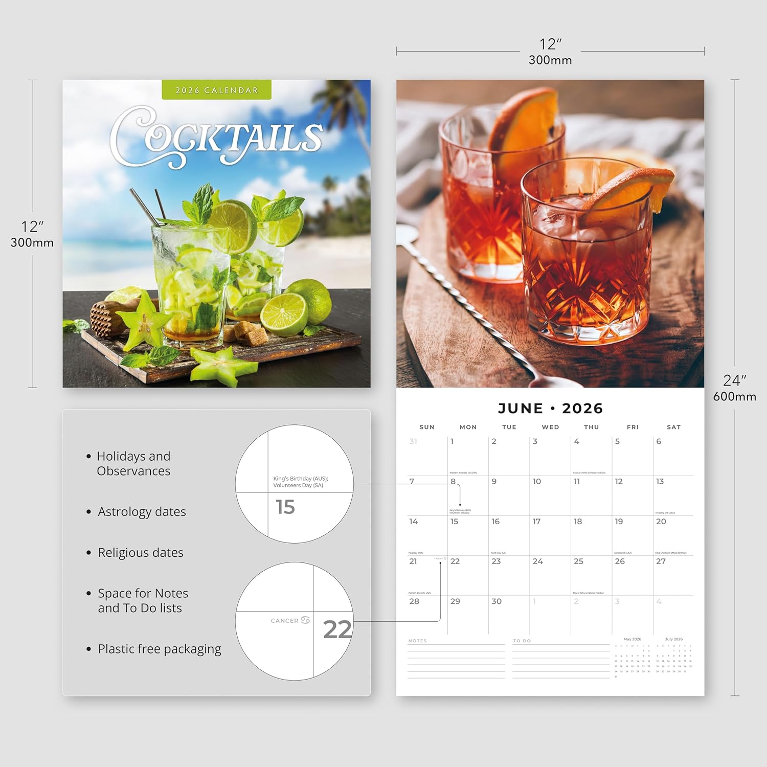Red Robin 2026 Cocktails Monthly Wall Calendar | 12" x 24" Open | Premium Thick & Sturdy Paper | Hangable 12 Month Calendar | Lined Notes & To Do Area | Vivid Images | Plastic Free