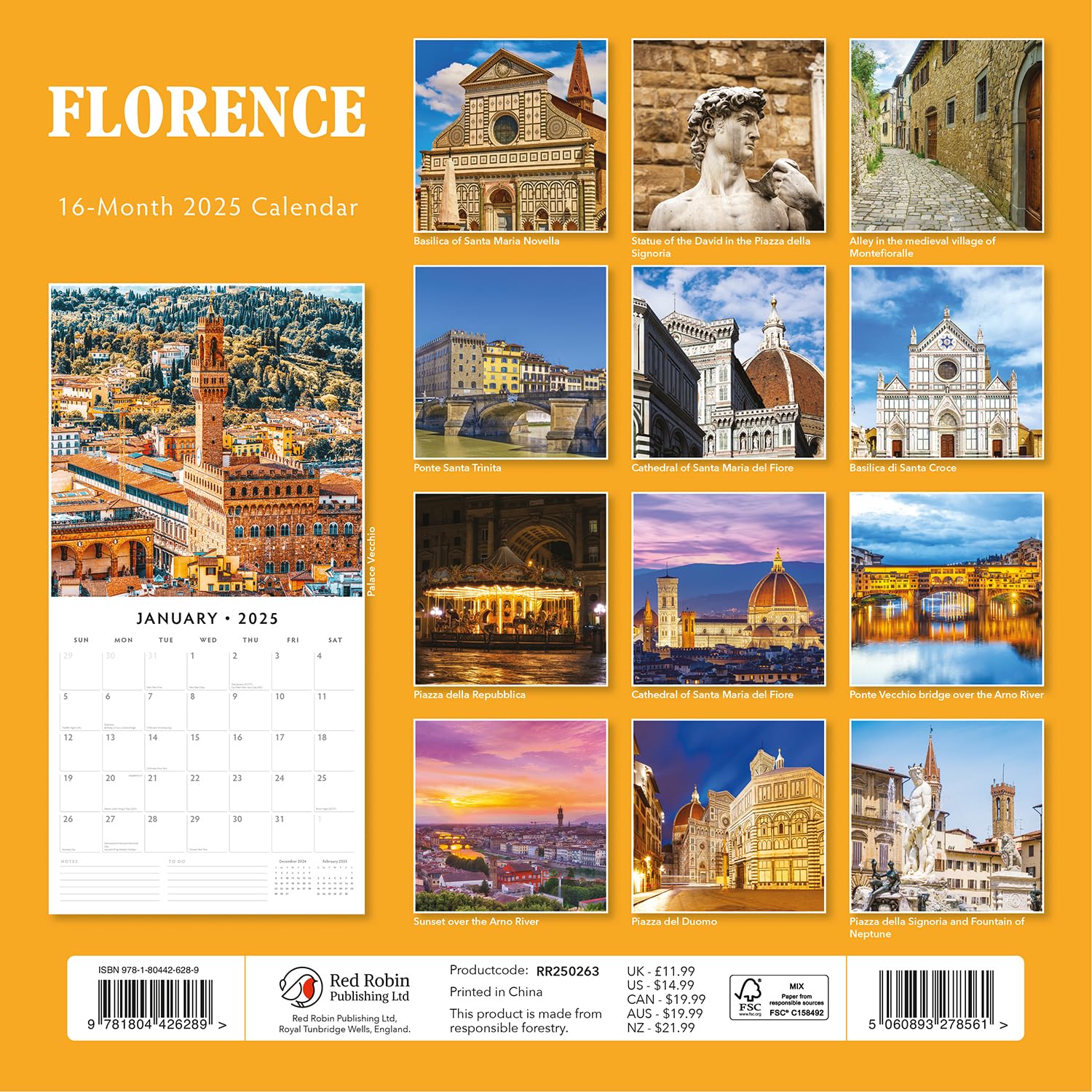 Red Robin 2025 Florence Monthly Wall Calendar | 12" x 24" Open | Premium Thick & Sturdy Paper | Hangable 12 Month Calendar | Plastic Free | 4 Month Transition Page for 2024
