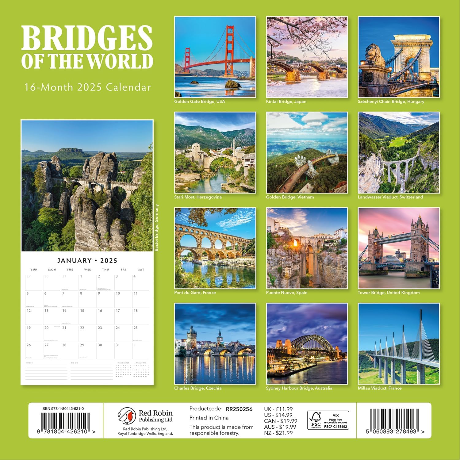 Red Robin 2025 Bridges of the World Monthly Wall Calendar | 12" x 24" Open | Premium Thick & Sturdy Paper | Hangable 12 Month Calendar | Plastic Free | 4 Month Transition Page for 2024