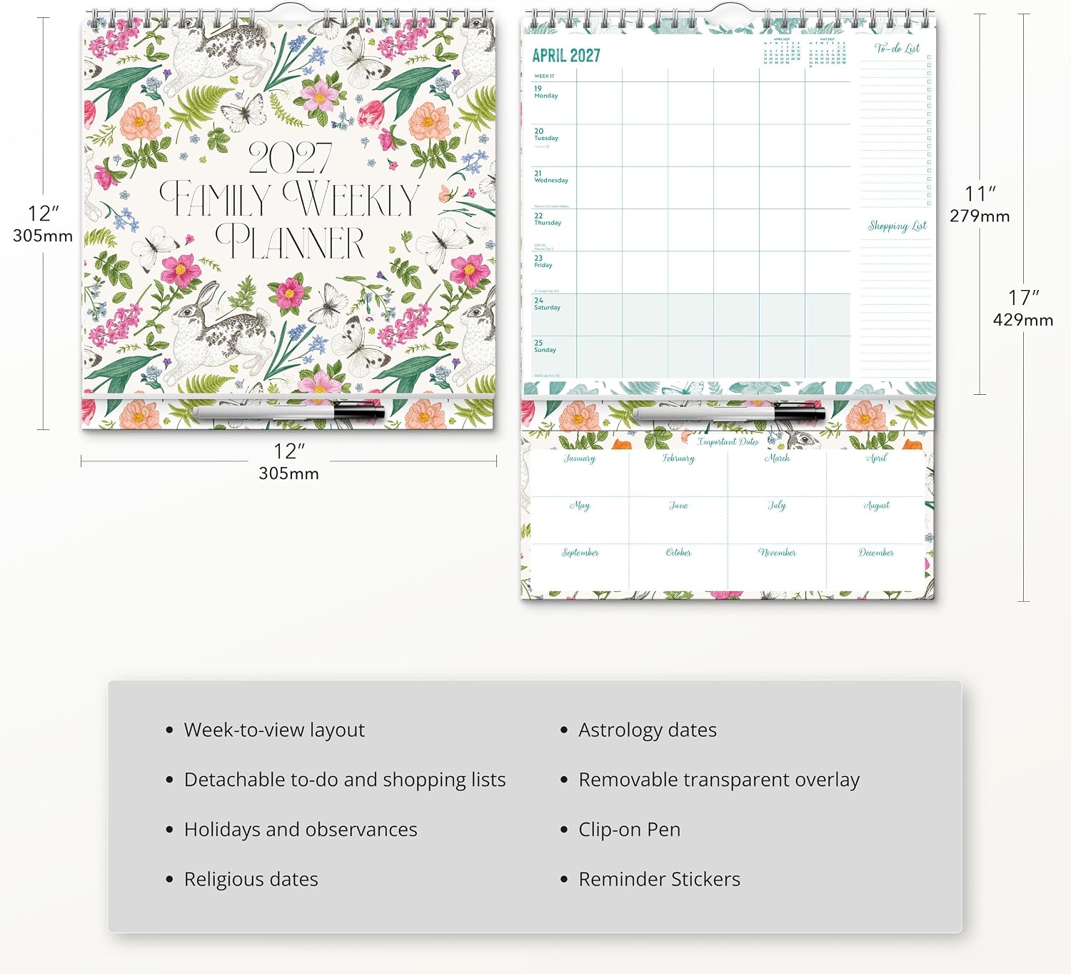 Red Robin 2027 Weekly Family Planner with Pen | 12" x 12"