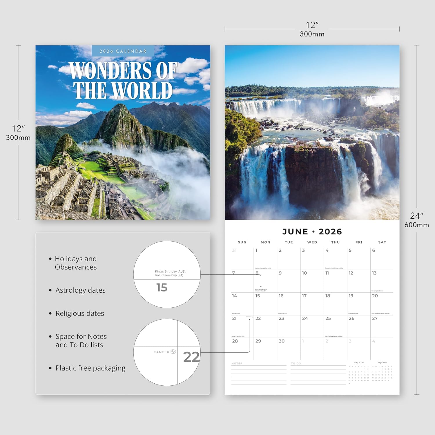Red Robin 2026 Wonders of the World Monthly Wall Calendar | 12" x 24" Open | Premium Thick & Sturdy Paper | Hangable 12 Month Calendar | Lined Notes & To Do Area | Vivid Images | Plastic Free