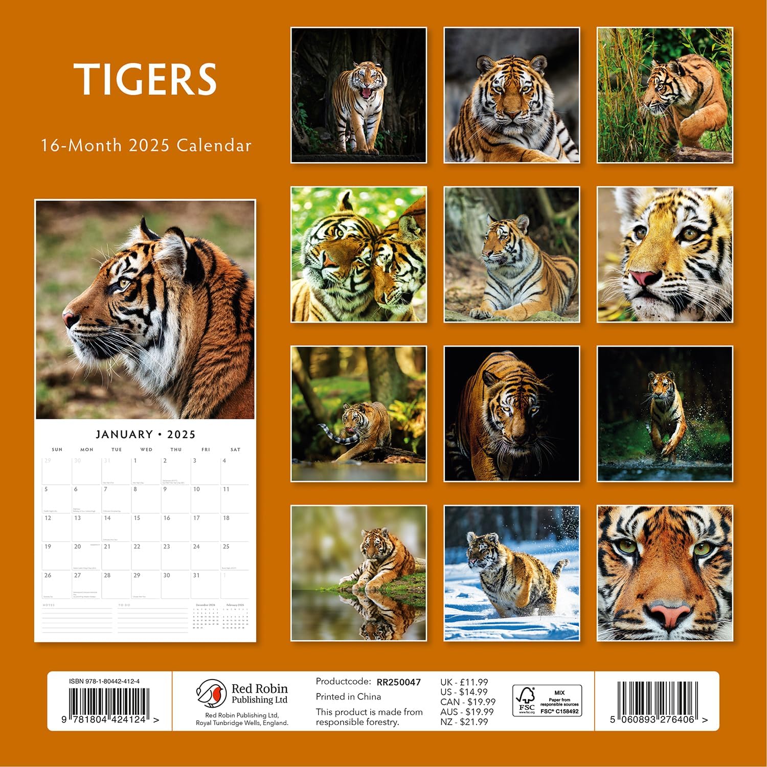 Red Robin 2025 Tigers Monthly Wall Calendar | 12" x 24" Open | Premium Thick & Sturdy Paper | Hangable 12 Month Calendar | Plastic Free | 4 Month Transition Page for 2024
