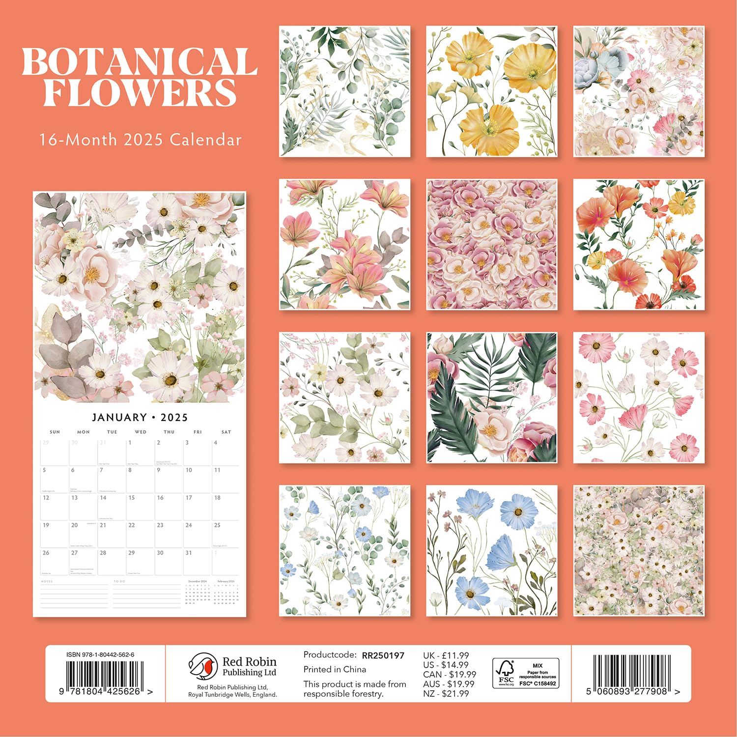 Red Robin 2025 Botanical Flowers Monthly Wall Calendar | 12" x 24" Open | Premium Thick & Sturdy Paper | Hangable 12 Month Calendar | Plastic Free | 4 Month Transition Page for 2024