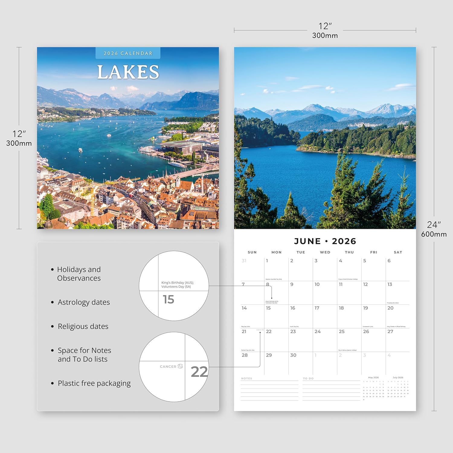 Red Robin 2026 Lakes Monthly Wall Calendar | 12" x 24" Open | Premium Thick & Sturdy Paper | Hangable 12 Month Calendar | Lined Notes & To Do Area | Vivid Images | Plastic Free
