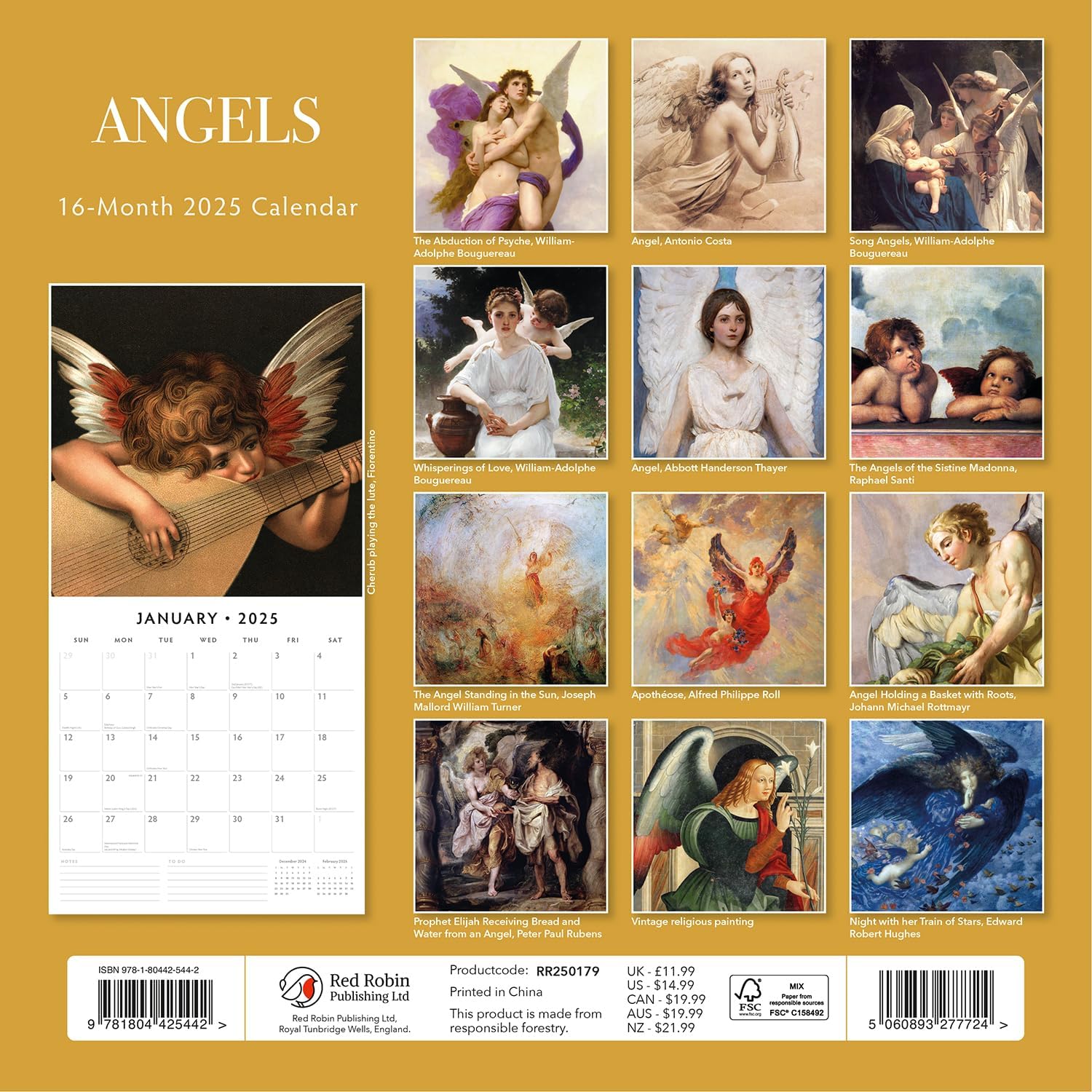 Red Robin 2025 Angels Monthly Wall Calendar | 12" x 24" Open | Premium Thick & Sturdy Paper | Hangable 12 Month Calendar | Plastic Free | 4 Month Transition Page for 2024