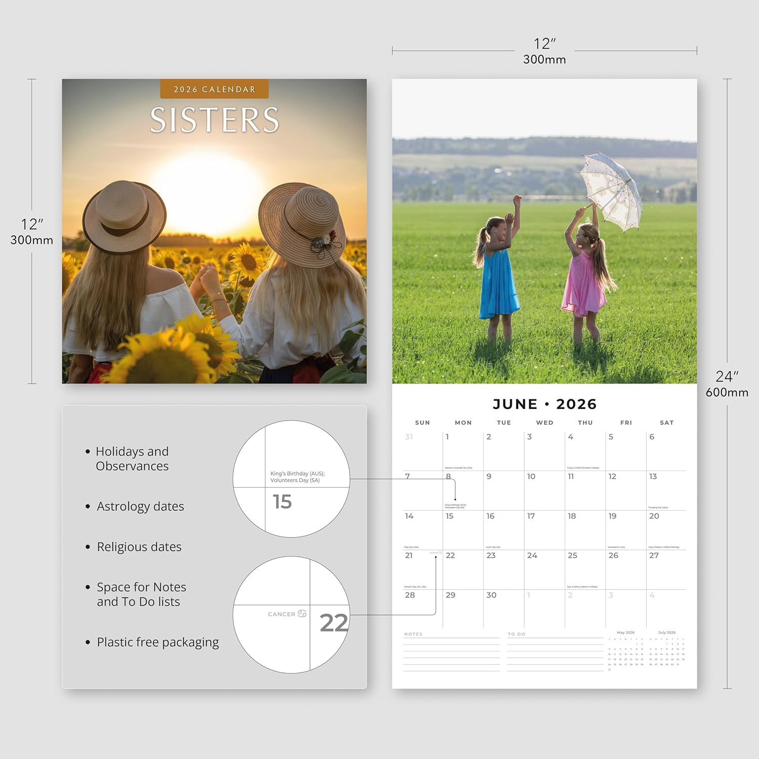 Red Robin 2026 Sisters Monthly Wall Calendar | 12" x 24" Open | Premium Thick & Sturdy Paper | Hangable 12 Month Calendar | Lined Notes & To Do Area | Vivid Images | Plastic Free