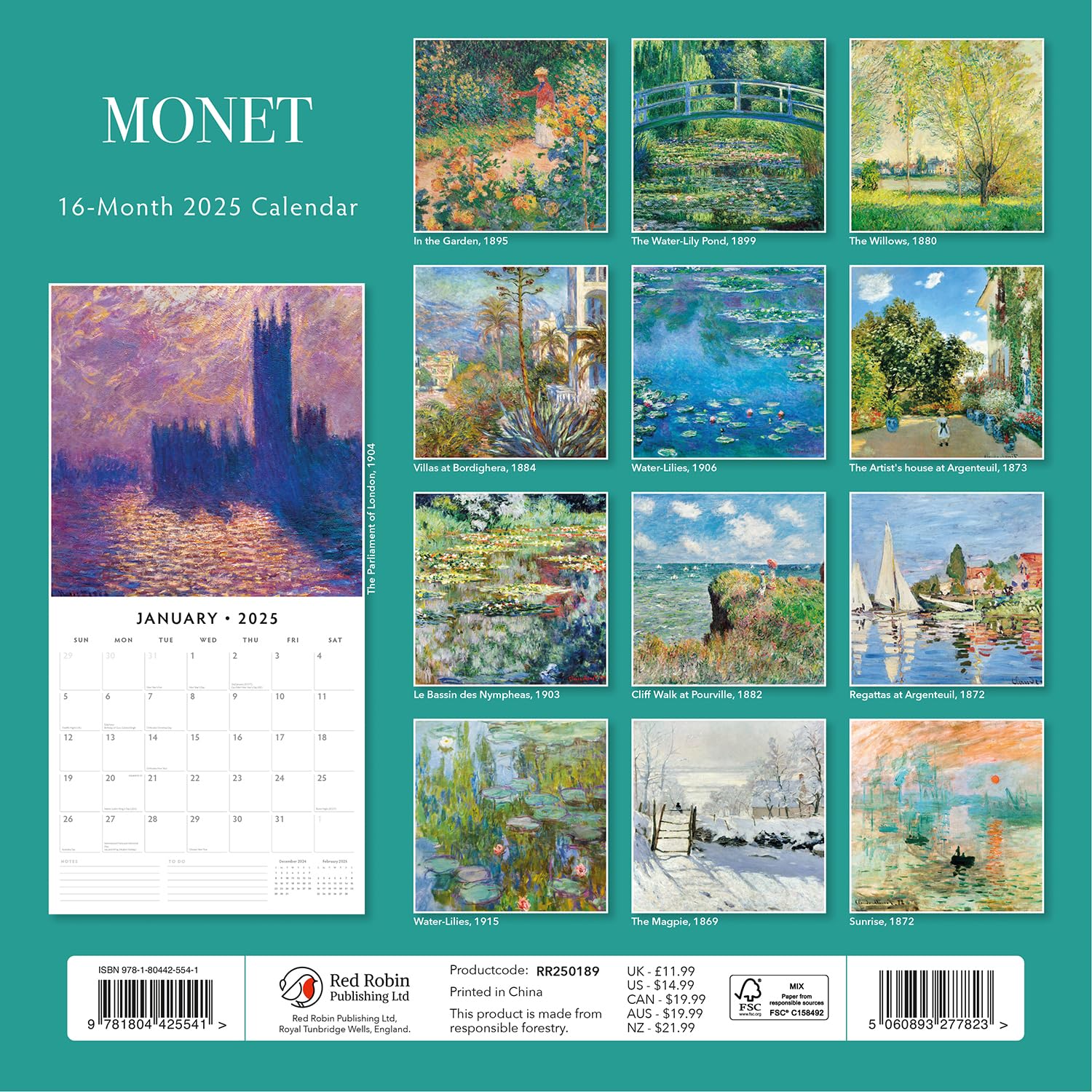 Red Robin 2025 Monet Monthly Wall Calendar | 12" x 24" Open | Premium Thick & Sturdy Paper | Hangable 12 Month Calendar | Plastic Free | 4 Month Transition Page for 2024