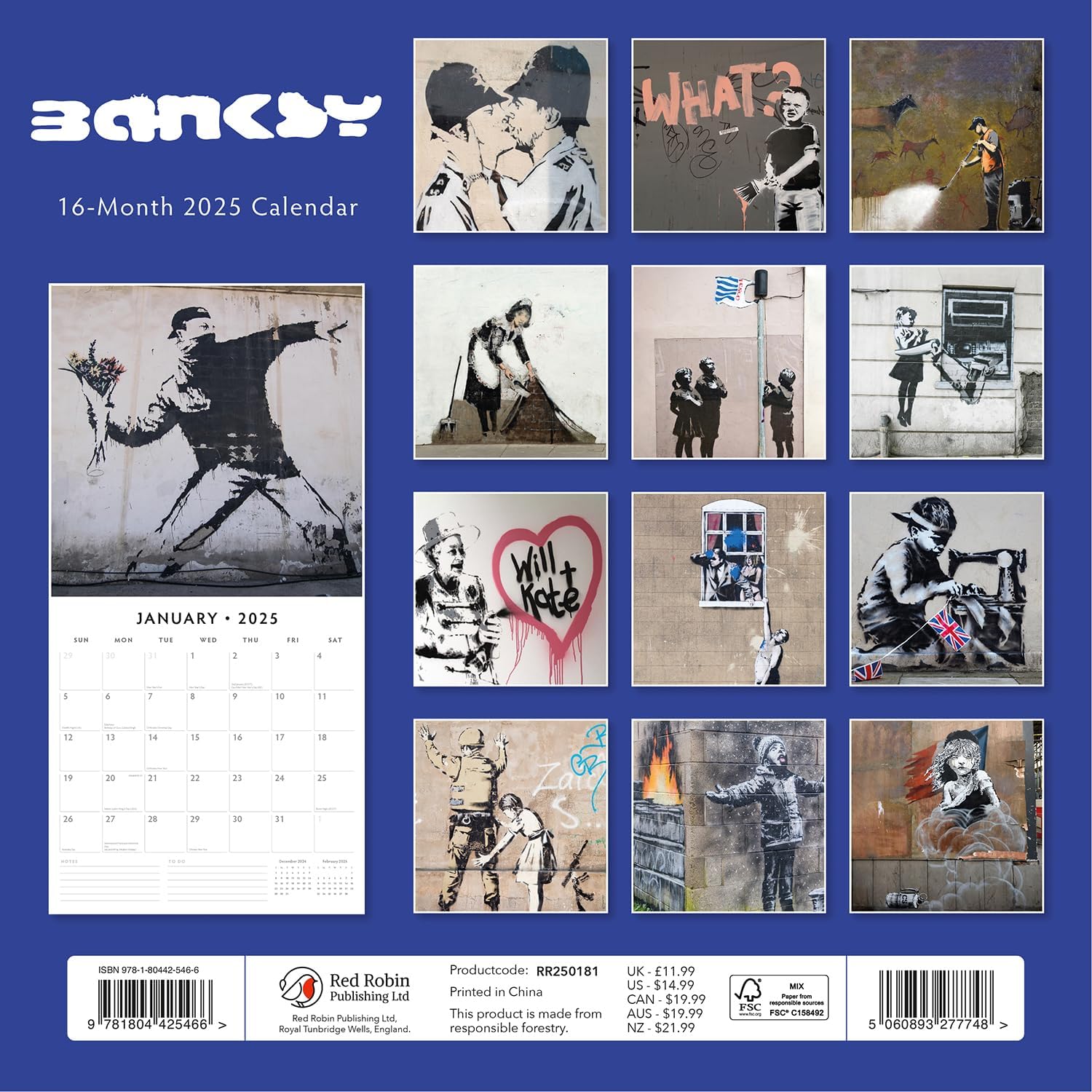 Red Robin 2025 Banksy Monthly Wall Calendar | 12" x 24" Open | Premium Thick & Sturdy Paper | Hangable 12 Month Calendar | Plastic Free | 4 Month Transition Page for 2024