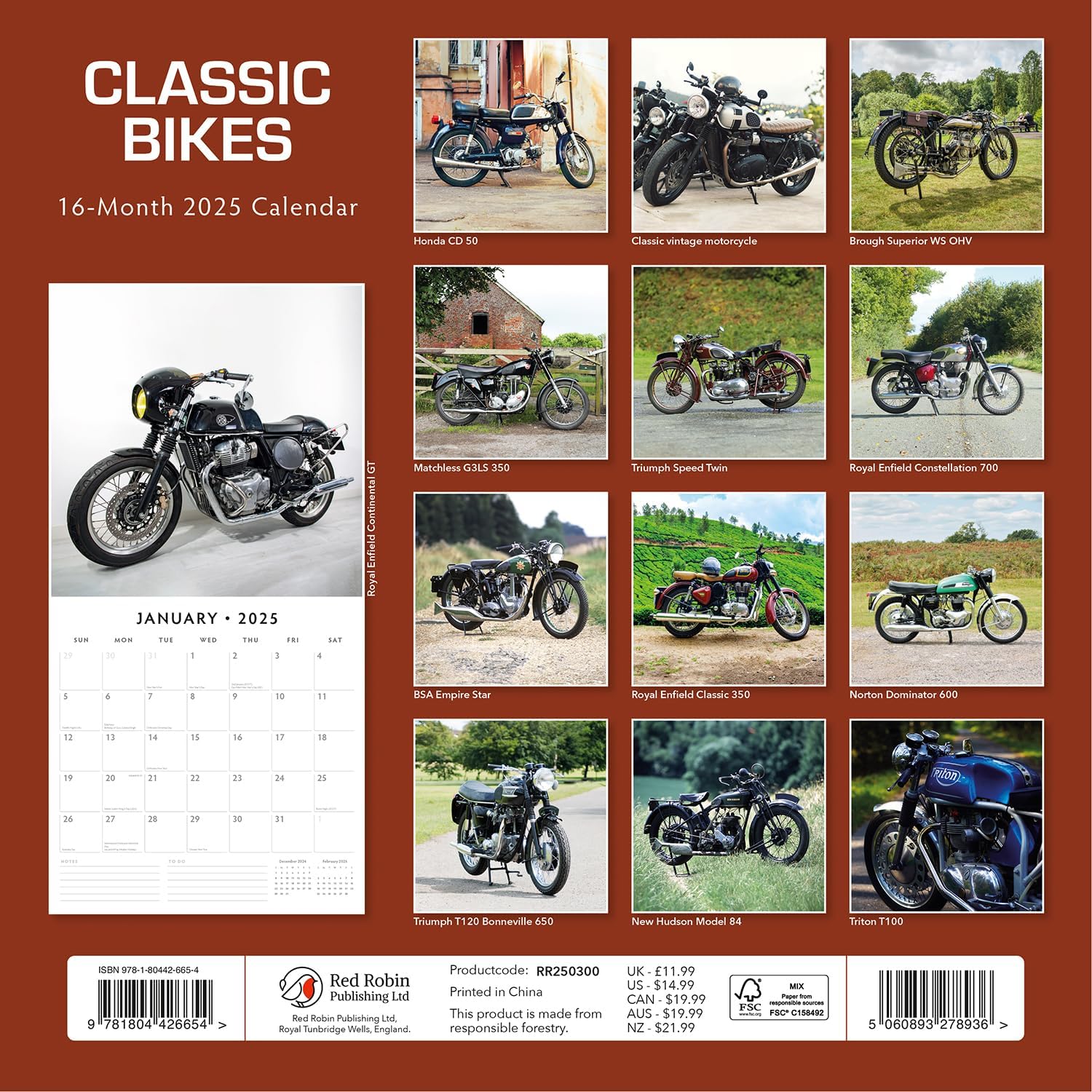 Red Robin 2025 Classic Bikes Monthly Wall Calendar | 12" x 24" Open | Premium Thick & Sturdy Paper | Hangable 12 Month Calendar | Plastic Free | 4 Month Transition Page for 2024