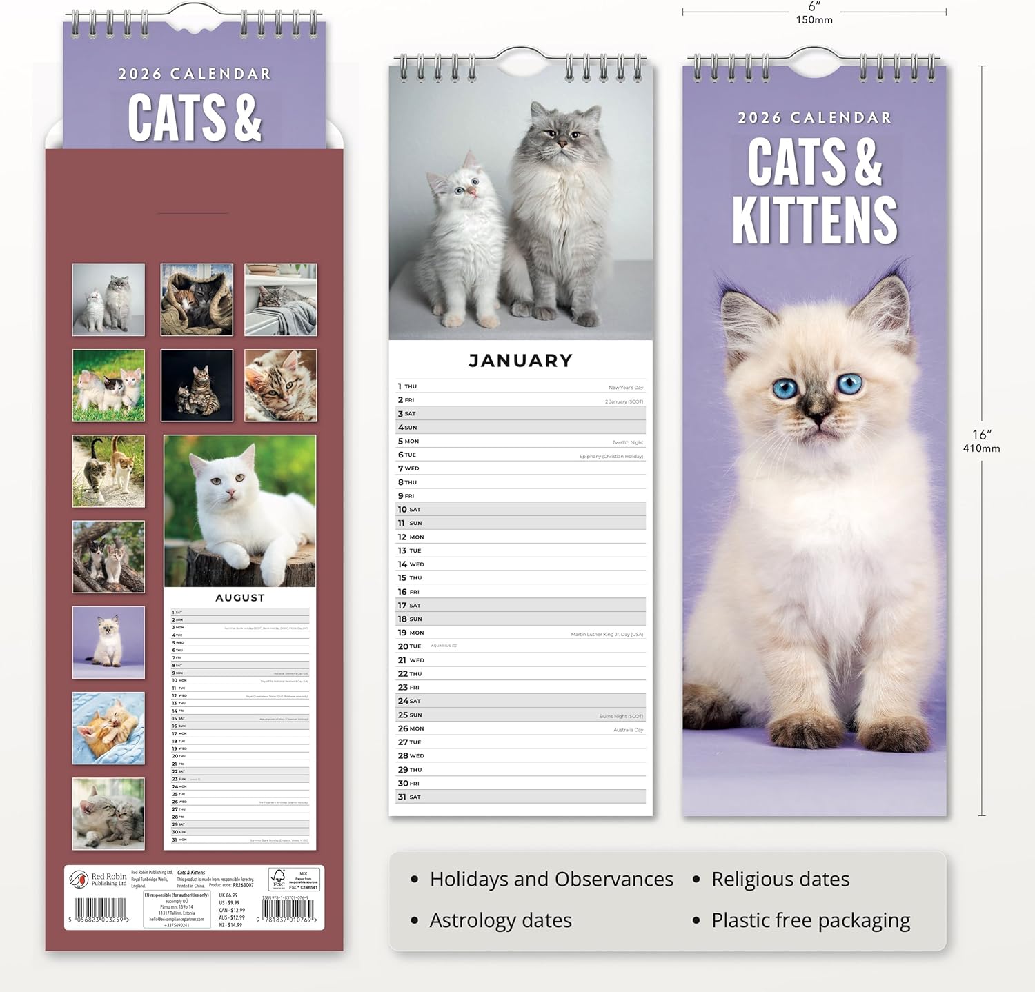 Red Robin 2026 Cats & Kittens Monthly Slim Calendar | 6" x 16" Open | Premium Thick & Sturdy Paper | Tall Hangable 12 Month Calendar | Vivid Images | Plastic Free | Wire Spiral