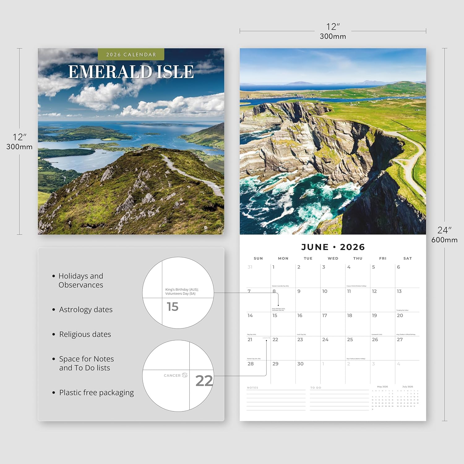 Red Robin 2026 Emerald Isle Monthly Wall Calendar | 12" x 24" Open | Premium Thick & Sturdy Paper | Hangable 12 Month Calendar | Lined Notes & To Do Area | Vivid Images | Plastic Free