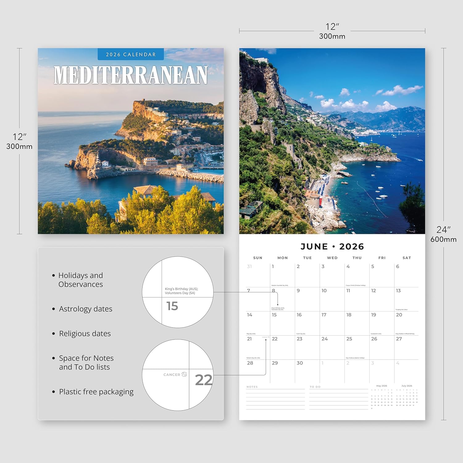 Red Robin 2026 Mediterranean Monthly Wall Calendar | 12" x 24" Open | Premium Thick & Sturdy Paper | Hangable 12 Month Calendar | Lined Notes & To Do Area | Vivid Images | Plastic Free