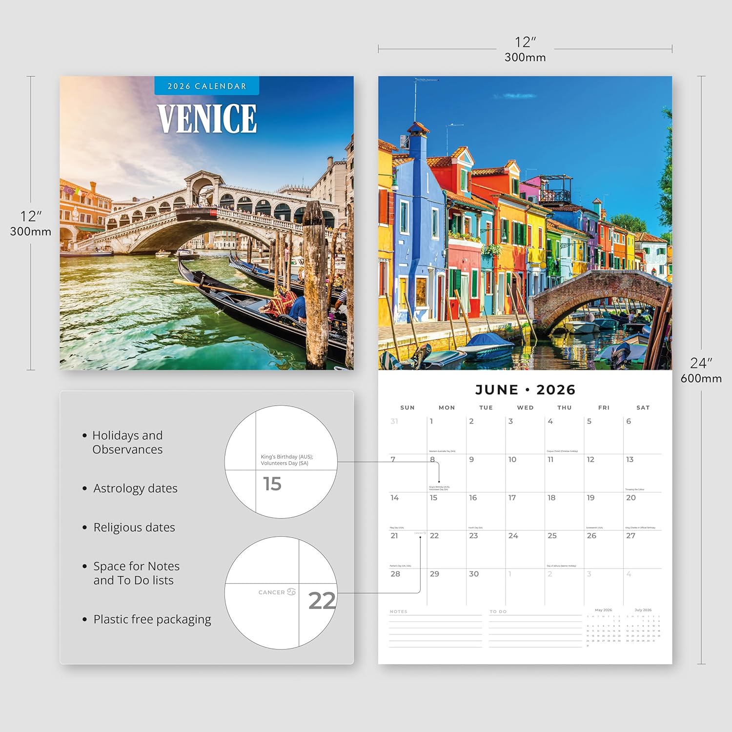 Red Robin 2026 Venice Monthly Wall Calendar | 12" x 24" Open | Premium Thick & Sturdy Paper | Hangable 12 Month Calendar | Lined Notes & To Do Area | Vivid Images | Plastic Free