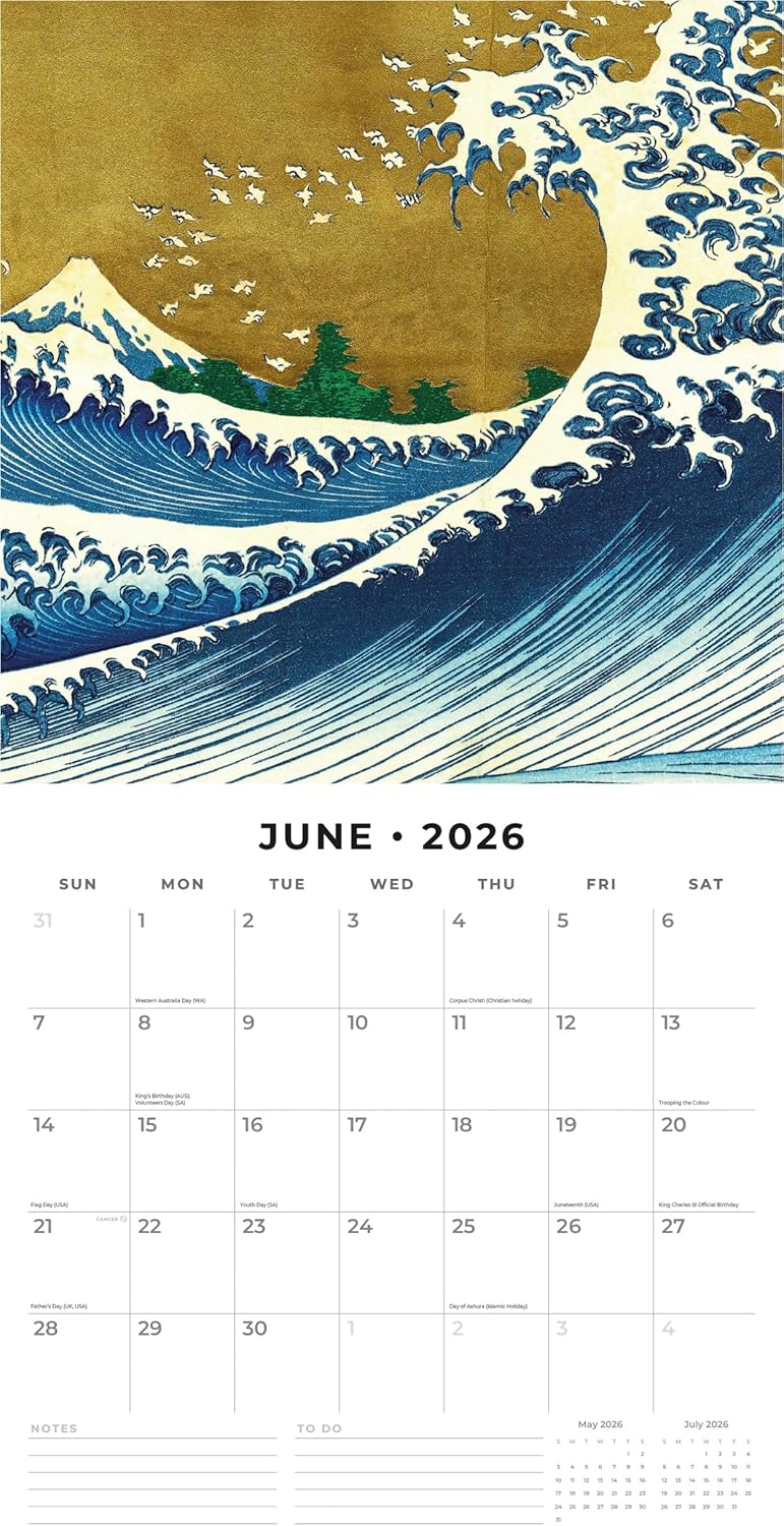 Red Robin 2026 Hokusai Monthly Wall Calendar | 12" x 24" Open | Premium Thick & Sturdy Paper | Hangable 12 Month Calendar | Lined Notes & To Do Area | Vivid Images | Plastic Free