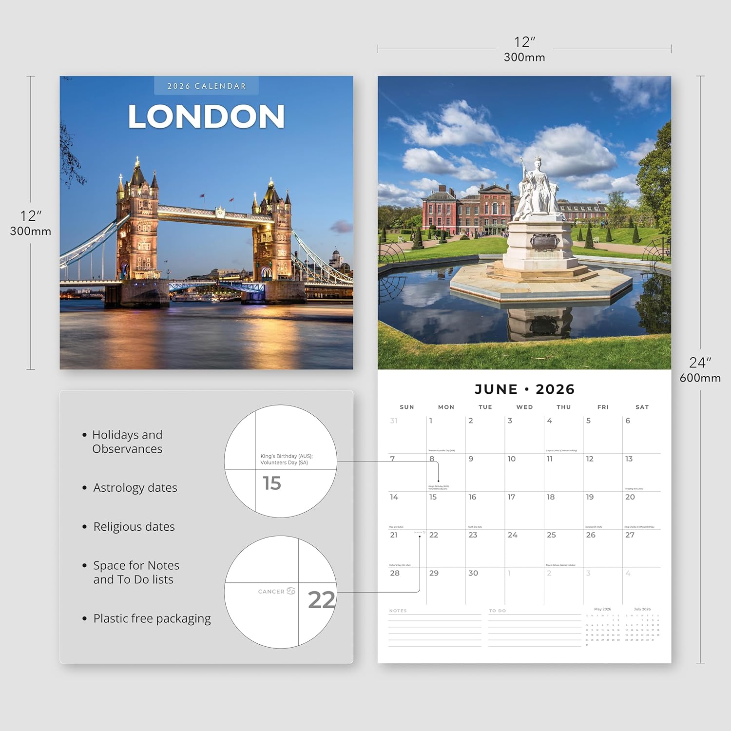 Red Robin 2026 London Monthly Wall Calendar | 12" x 24" Open | Premium Thick & Sturdy Paper | Hangable 12 Month Calendar | Lined Notes & To Do Area | Vivid Images | Plastic Free