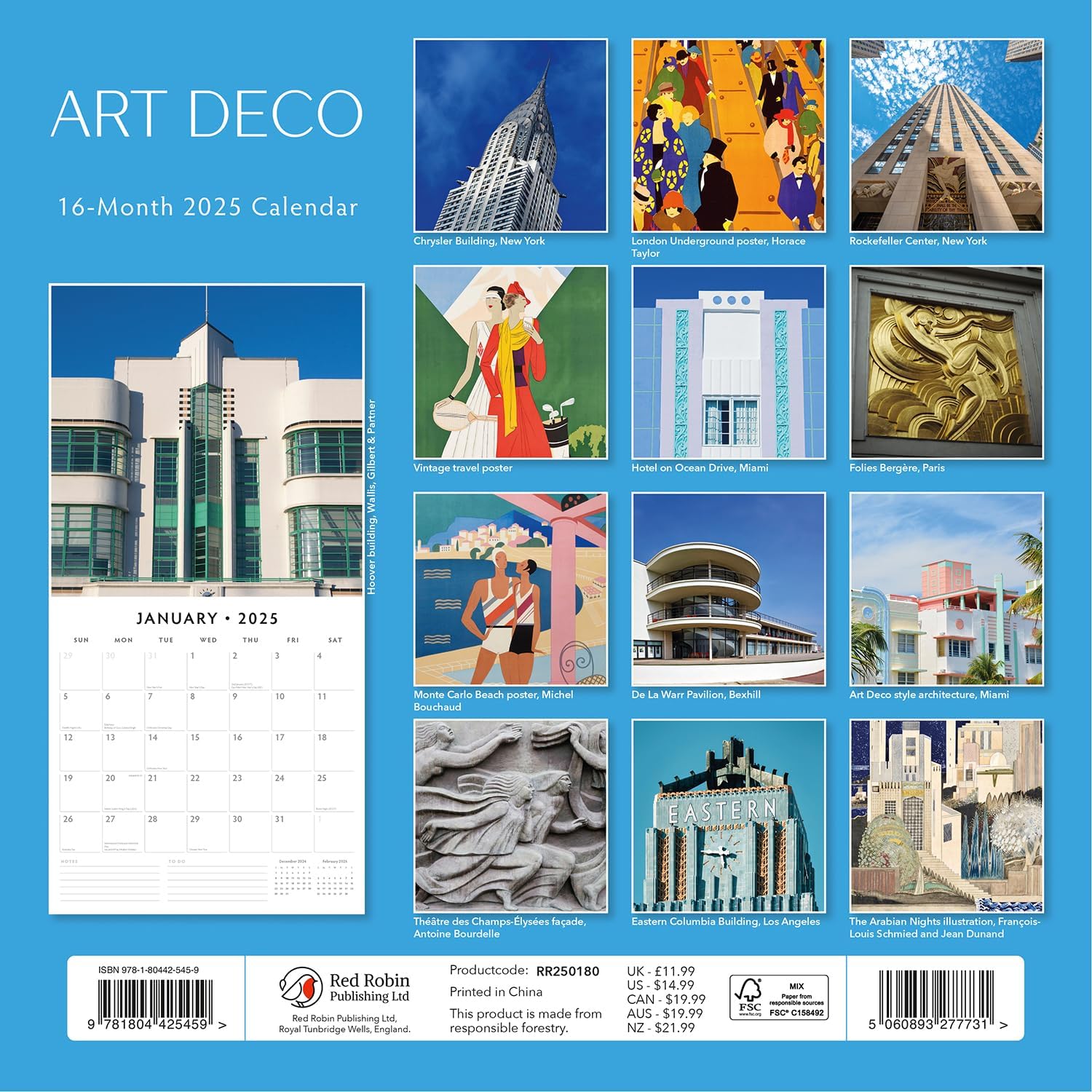 Red Robin 2025 Art Deco Monthly Wall Calendar | 12" x 24" Open | Premium Thick & Sturdy Paper | Hangable 12 Month Calendar | Plastic Free | 4 Month Transition Page for 2024