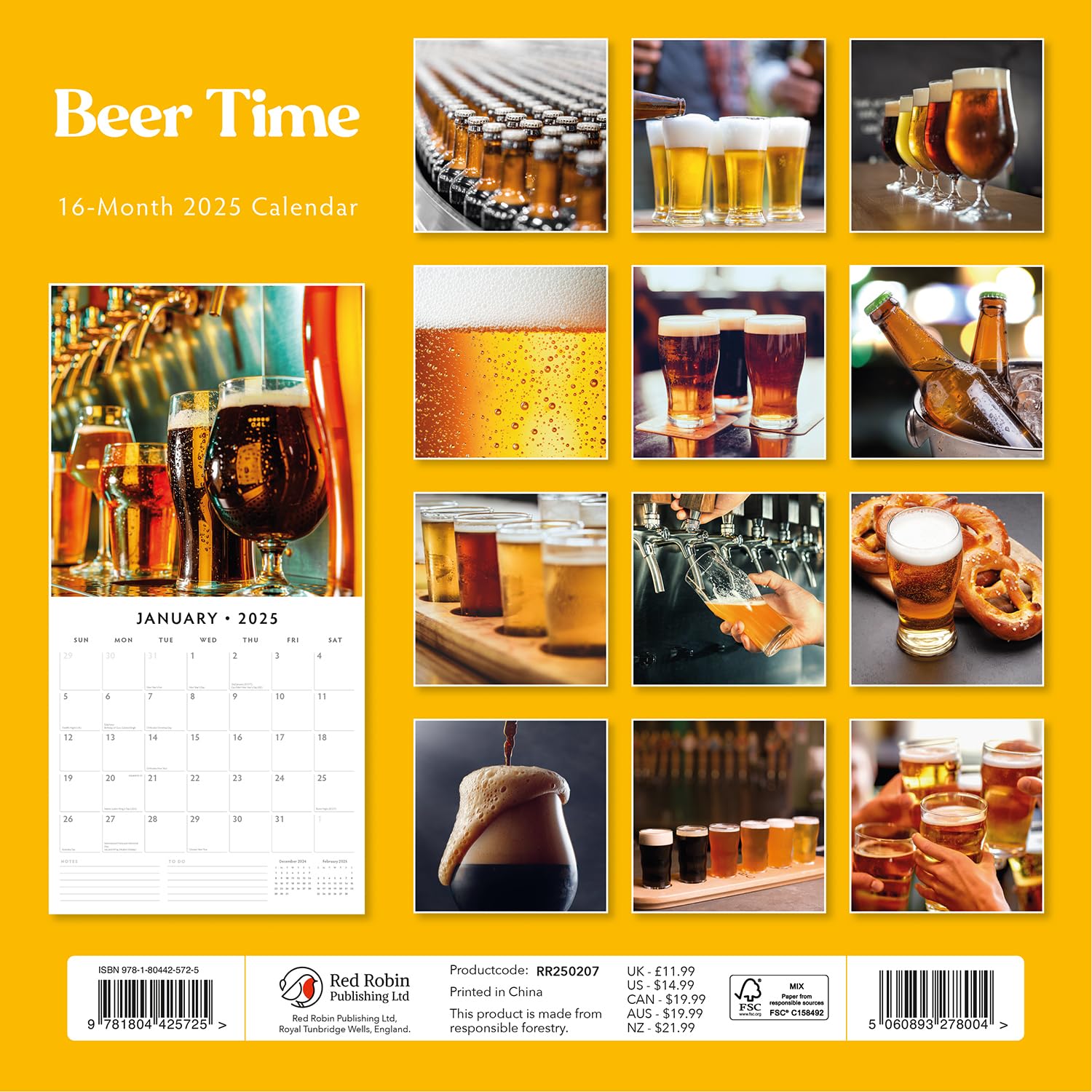 Red Robin 2025 Beer Time Monthly Wall Calendar | 12" x 24" Open | Premium Thick & Sturdy Paper | Hangable 12 Month Calendar | Plastic Free | 4 Month Transition Page for 2024