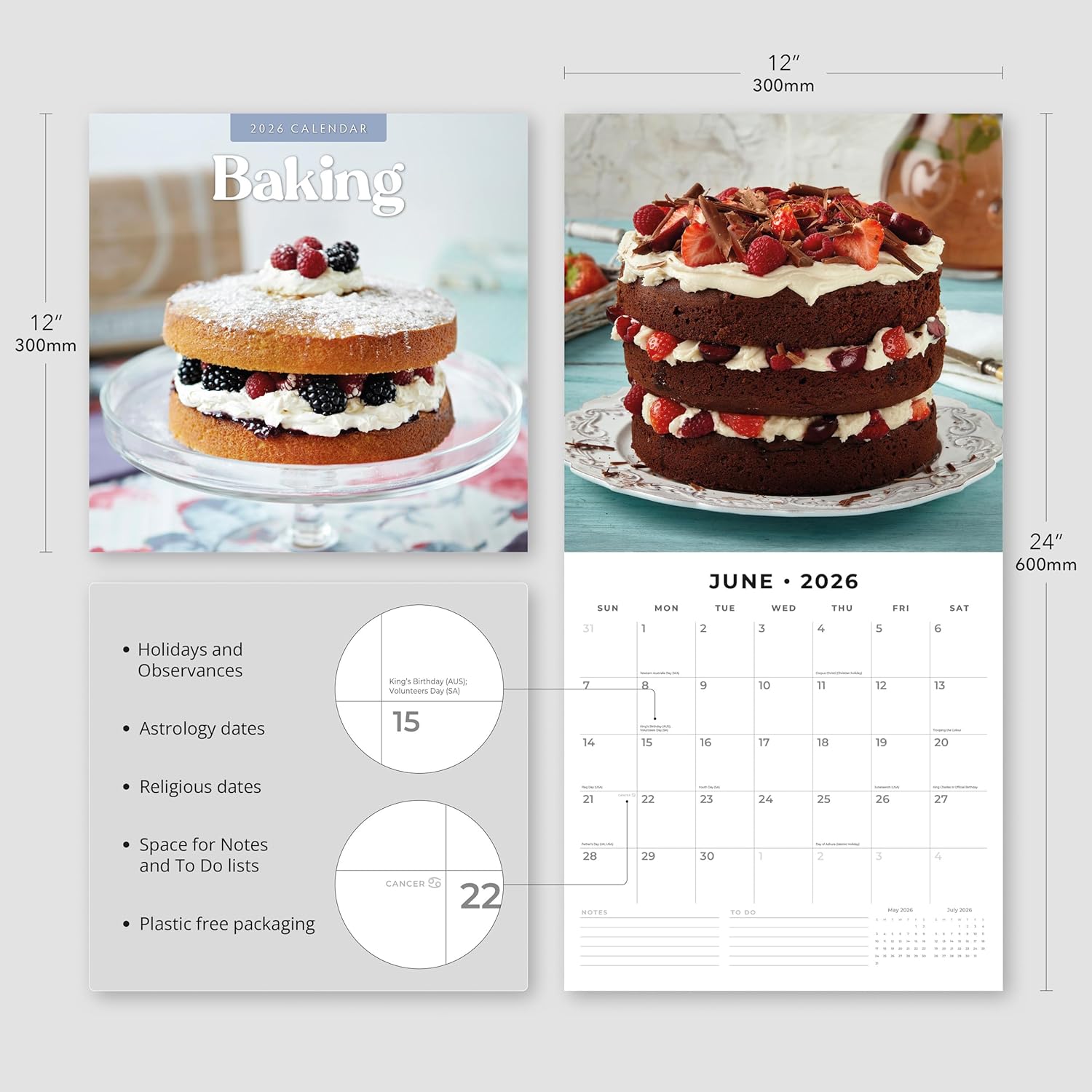 Red Robin 2026 Baking Monthly Wall Calendar | 12" x 24" Open | Premium Thick & Sturdy Paper | Hangable 12 Month Calendar | Lined Notes & To Do Area | Vivid Images | Plastic Free