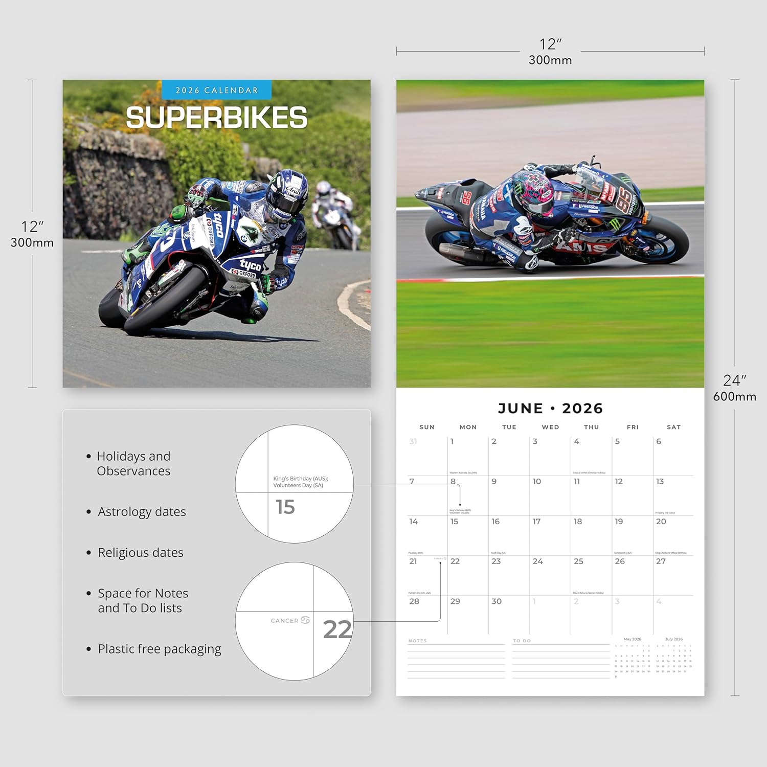 Red Robin 2026 Superbikes Monthly Wall Calendar | 12" x 24" Open | Premium Thick & Sturdy Paper | Hangable 12 Month Calendar | Lined Notes & To Do Area | Vivid Images | Plastic Free