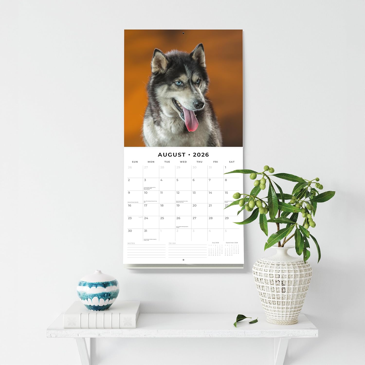 Red Robin 2026 Siberian Huskies Monthly Wall Calendar | 12" x 24" Open | Premium Thick & Sturdy Paper | Hangable 12 Month Calendar | Lined Notes & To Do Area | Vivid Images | Plastic Free