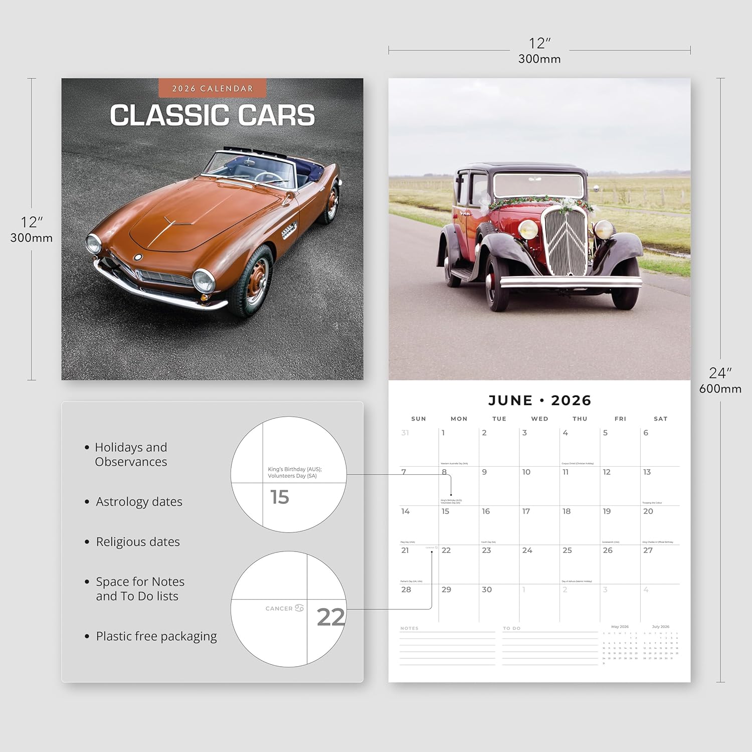 Red Robin 2026 Classic Cars Monthly Wall Calendar | 12" x 24" Open | Premium Thick & Sturdy Paper | Hangable 12 Month Calendar | Lined Notes & To Do Area | Vivid Images | Plastic Free