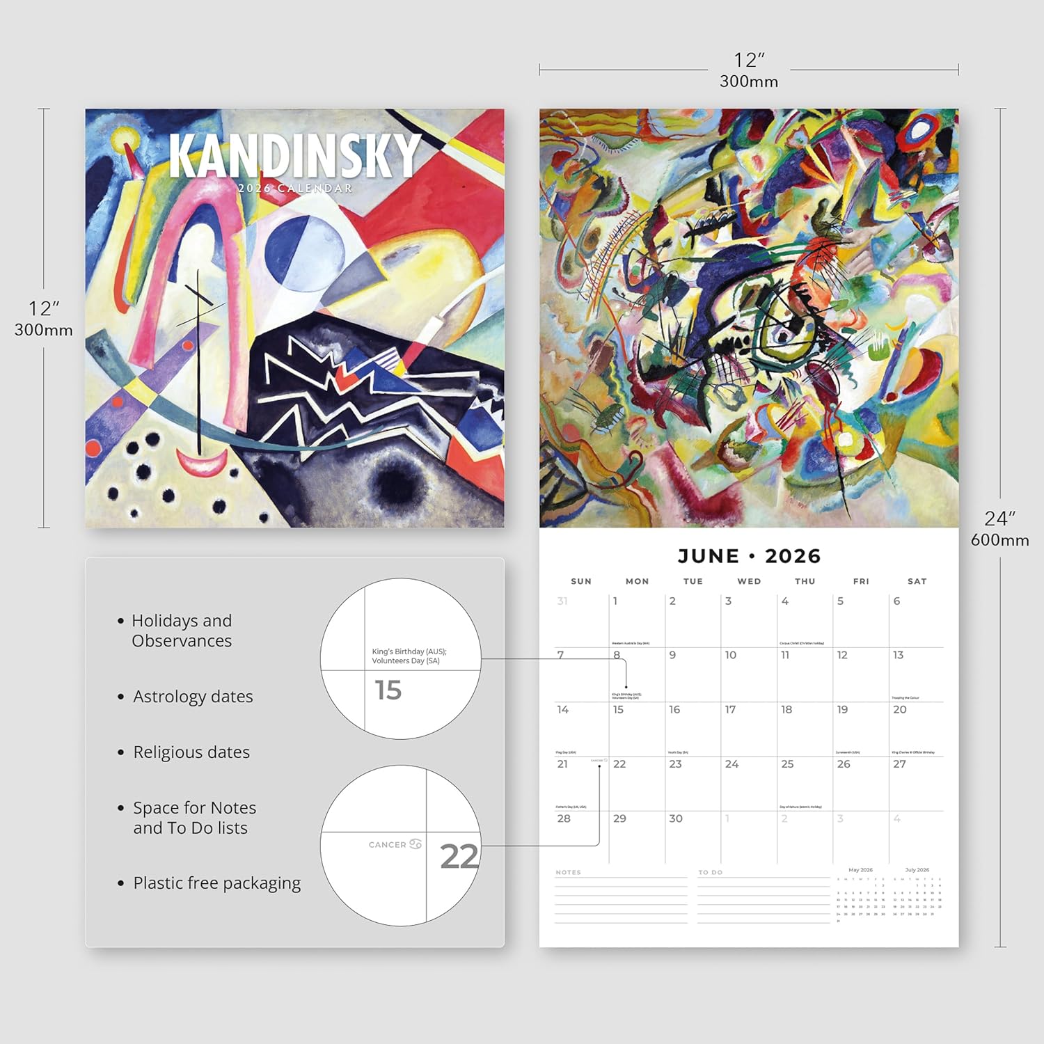 Red Robin 2026 Kandinsky Monthly Wall Calendar | 12" x 24" Open | Premium Thick & Sturdy Paper | Hangable 12 Month Calendar | Lined Notes & To Do Area | Vivid Images | Plastic Free