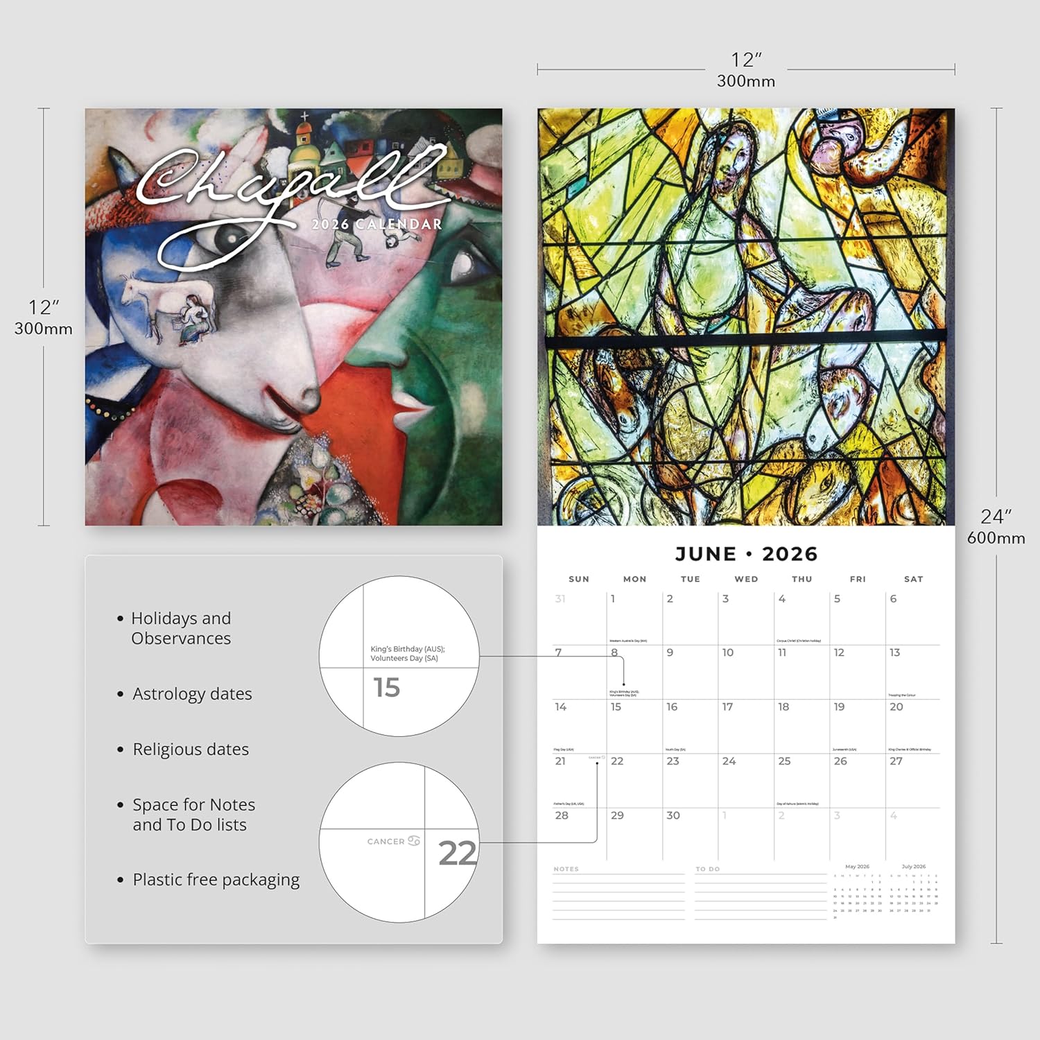 Red Robin 2026 Chagall Monthly Wall Calendar | 12" x 24" Open | Premium Thick & Sturdy Paper | Hangable 12 Month Calendar | Lined Notes & To Do Area | Vivid Images | Plastic Free