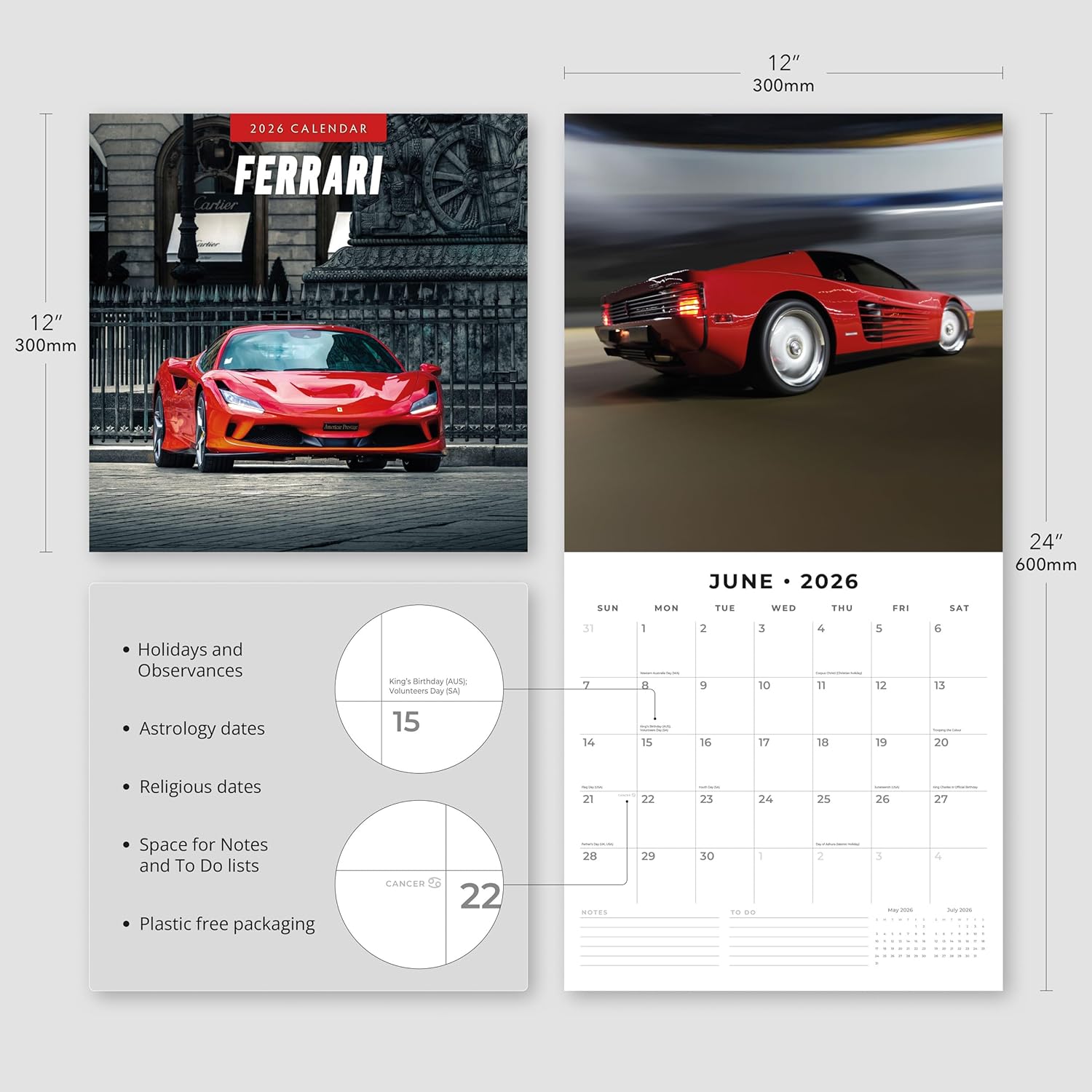 Red Robin 2026 Ferrari Monthly Wall Calendar | 12" x 24" Open | Premium Thick & Sturdy Paper | Hangable 12 Month Calendar | Lined Notes & To Do Area | Vivid Images | Plastic Free