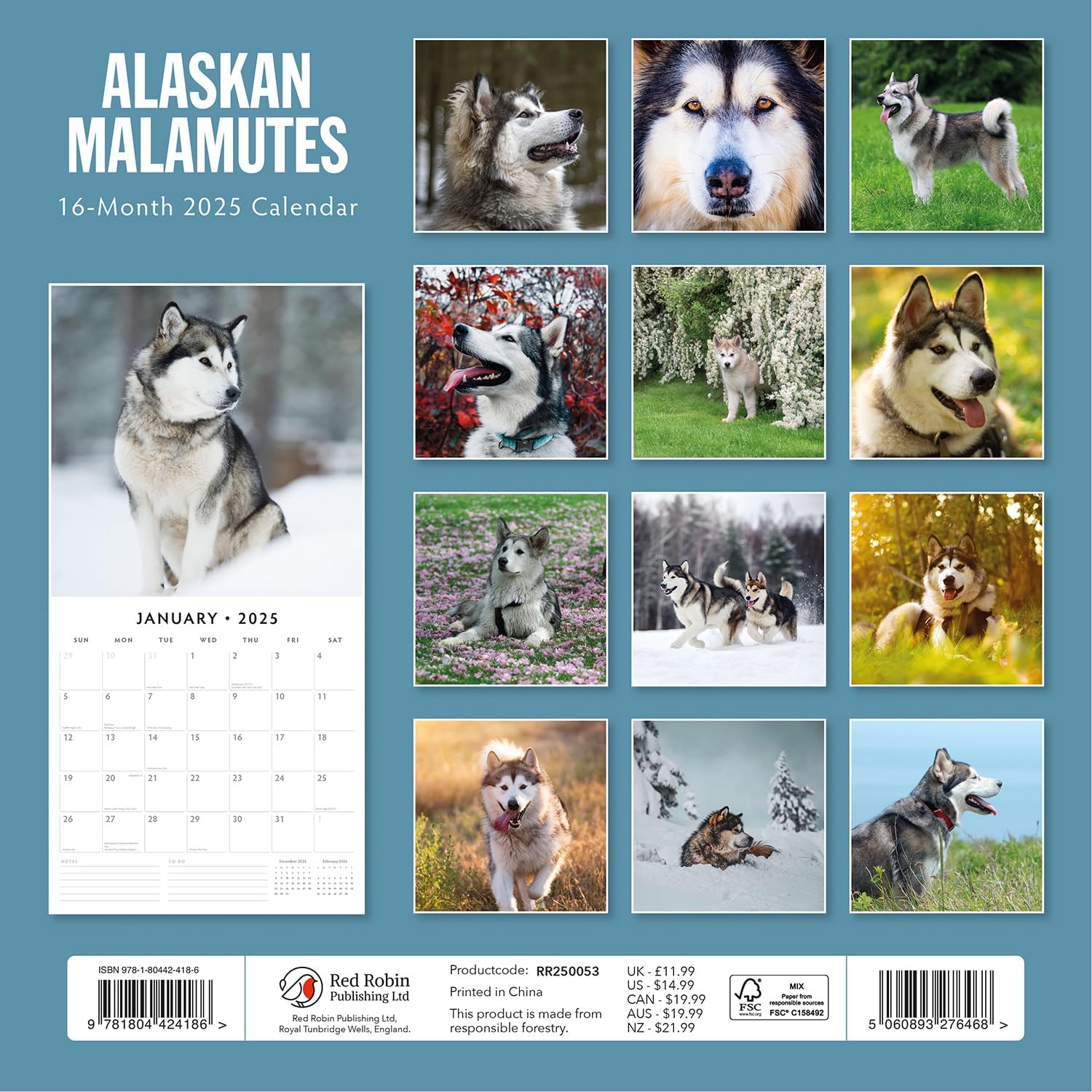 Red Robin 2025 Alaskan Malamutes Monthly Wall Calendar | 12" x 24" Open | Premium Thick & Sturdy Paper | Hangable 12 Month Calendar | Plastic Free | 4 Month Transition Page for 2024